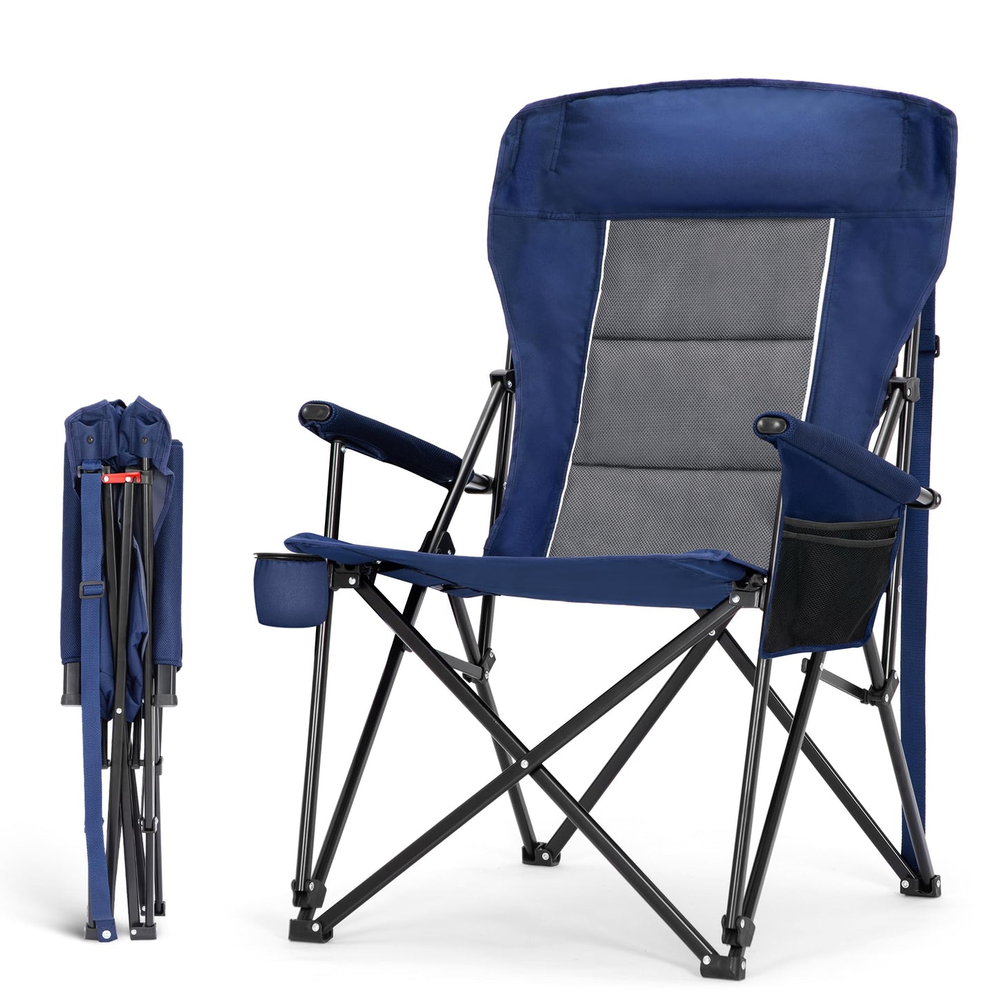HIGH POINT SPORTS Oversized Camping Chairs for Adults, High Back Heavy Duty Lawn Folding Chair Support 500LBS, Padded Portable Outdoor Chair with Cup Holder, Blue