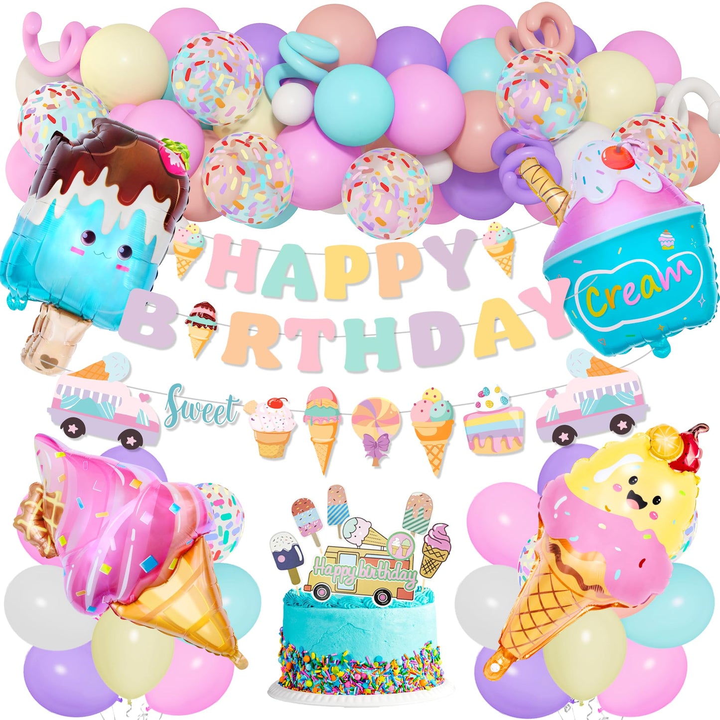 75Pcs Ice Cream Birthday Party Decorations for Girls Kids, Pastel Ice Cream Balloon Garland Arch Kit First Two Sweet Birthday Banner Foil Sprinkle Long Twist Balloons Cupcake Toppers Party Supplies