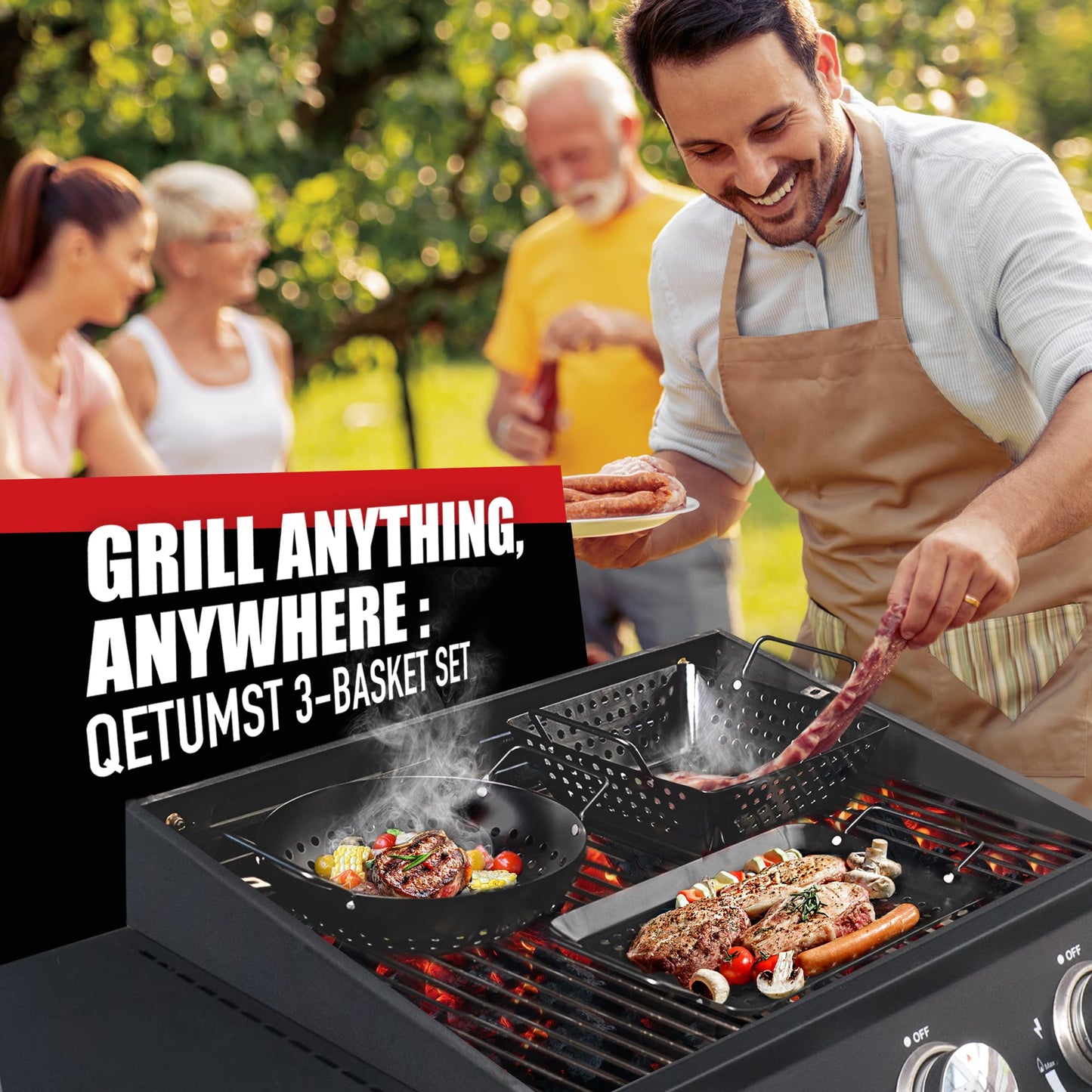 Qetumst Small Non-Stick 3 Piece Grill Basket Set – BBQ Grilling Basket for Vegetables, Seafood & Meat – Heavy Duty Perforated Grill Pan for Charcoal, Gas and Outdoor Grills, Easy to Clean Grilling Accessories