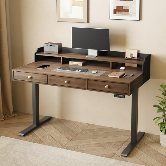 ModernMate Standing Desk with 3 Drawers, 47.2 x 26 Inches Height Adjustable Desk with Monitor Shelf, Electric Stand Up Table with Storage for Home and Office, Black Walnut