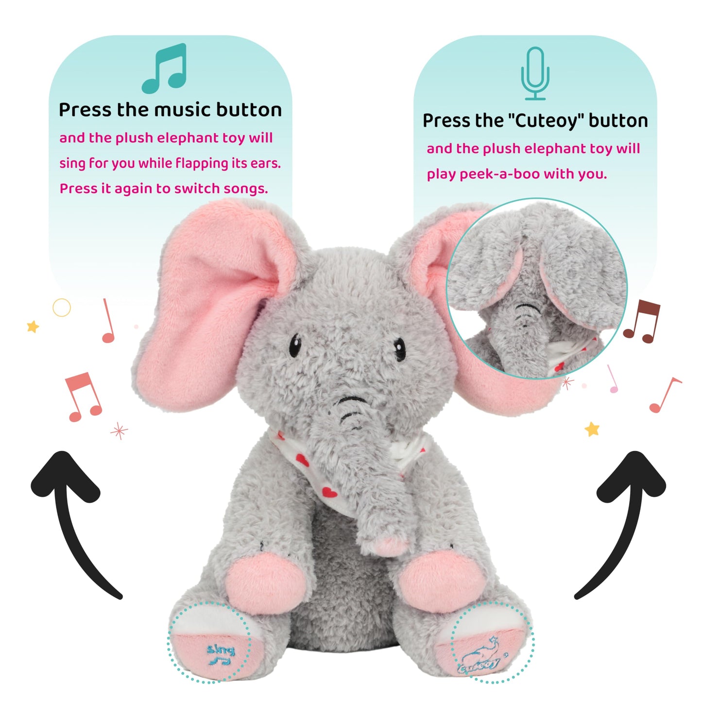 Cuteoy Peek A Boo Elephant Interactive Plush Toy with Moving Ears Musical Singing Talking Stuffed Animal Adorable Electric Animate Christmas Birthday Gifts for Girls Boys