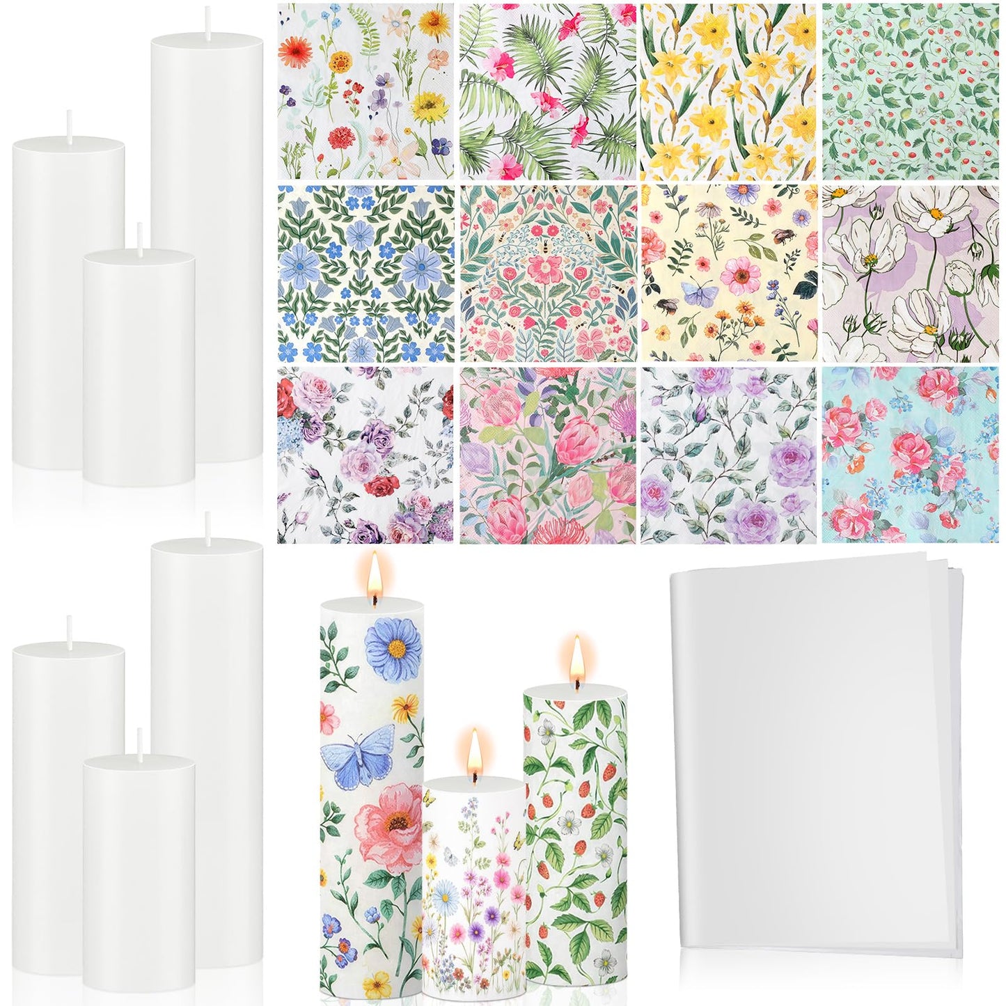 Roowest 24 Pcs DIY Decoupage Napkins Candle Making Kits Ideas Include Candles Floral Napkins and Baking Paper for DIY Crafts Girls Nights Spring Summer Birthday Wedding Party (Pillar)
