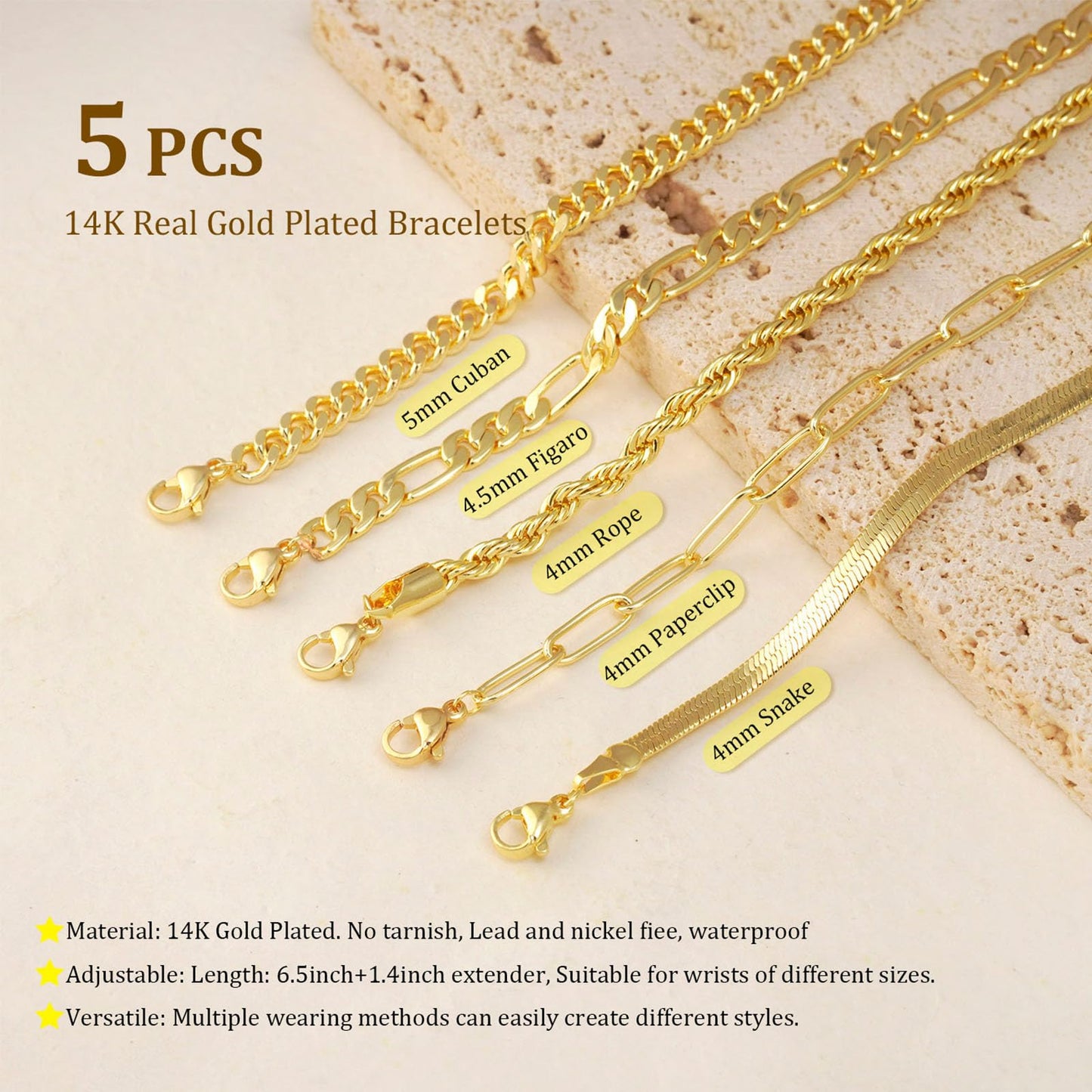 Gold Bracelets for Women, Dainty 14K Gold Plated Bracelet Stack for Women Trendy CZ Tennis Paperclip Cuban Chain Stackable Adjustable Waterproof Link Bracelet Jewelry Set Fashion Accessories Gifts