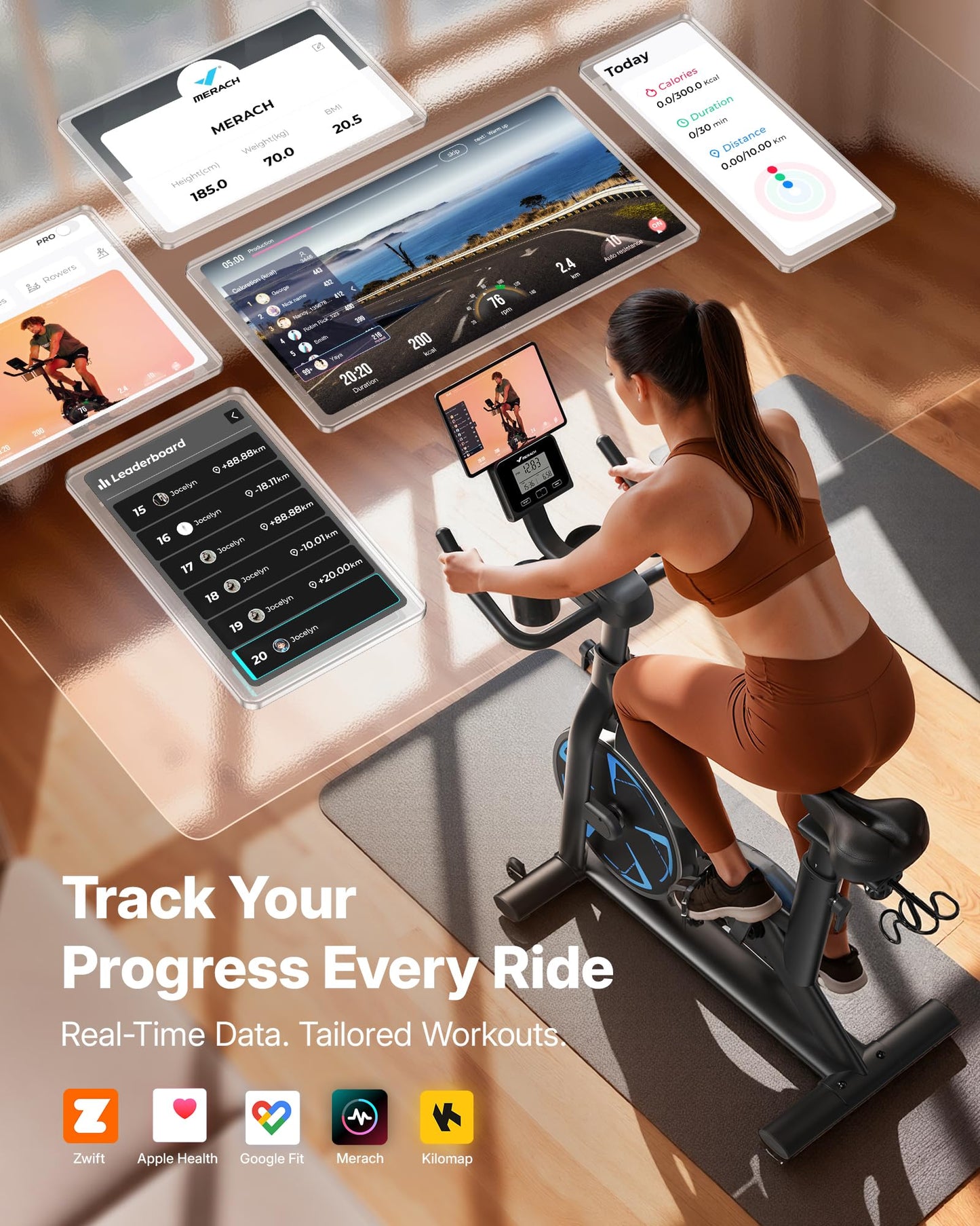 Merach Magnetic Exercise Bike, Low Noise Stationary Bike for Home with Comfortable Seat Cushion, Spin Bike with 330 lb Weight Capacity, Exclusive App, Tablet Mount and Fitness Courses