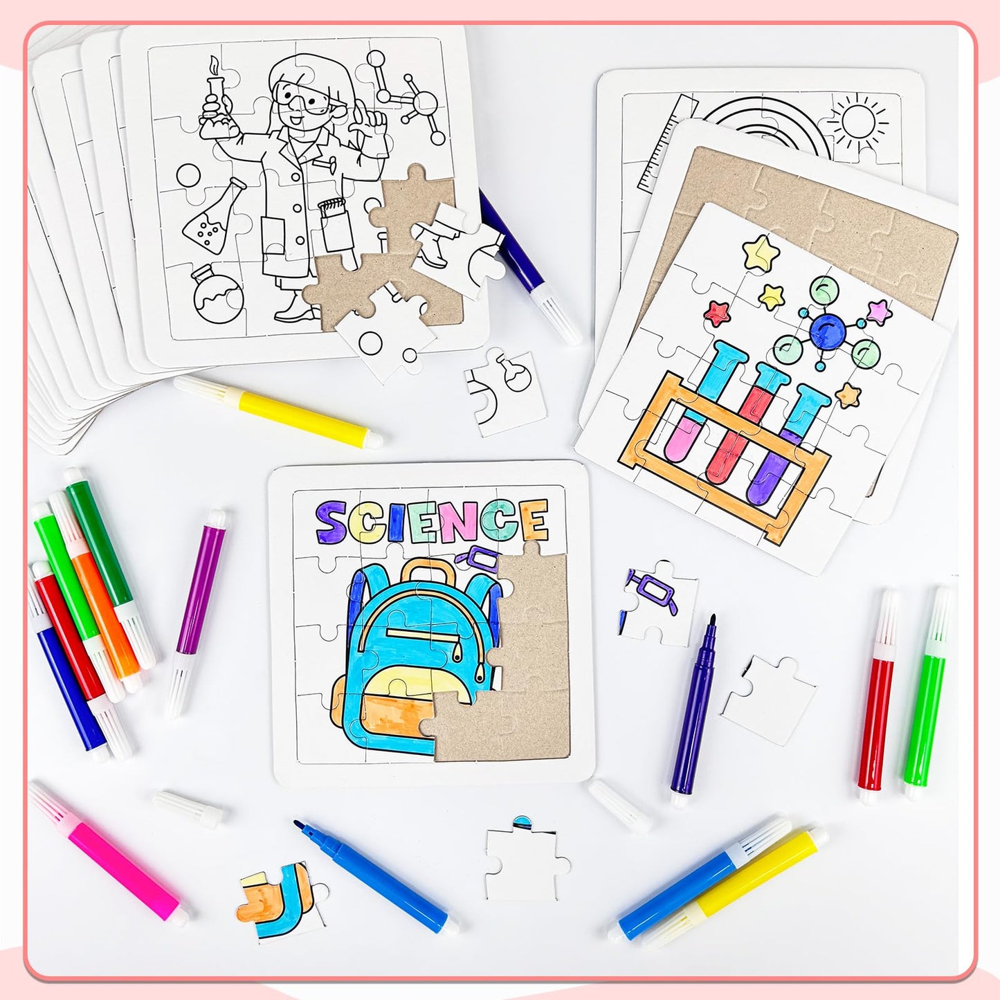 Cinrobiye 24 PCS Science Coloring Jigsaw Puzzles Bulk DIY Scientific Arts and Crafts Puzzle with Color Pens Educational Science Gifts for Home School Art Project Birthday Party Favors Supplies