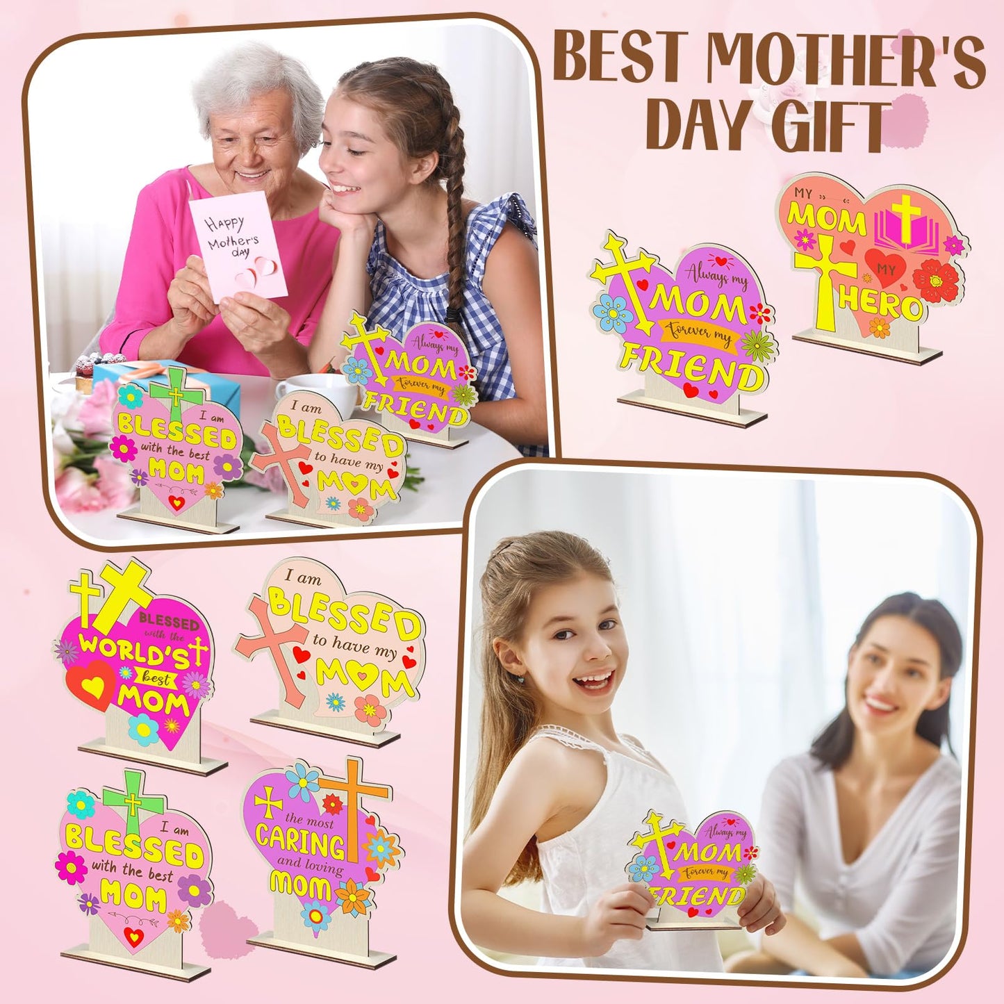 CroBlissful 24 Sets Mother's Day Crafts Bulk DIY Coloring Mother's Day Table Wood Signs Religious Blessed Mom Gifts Home Party Dinner Table Decoration