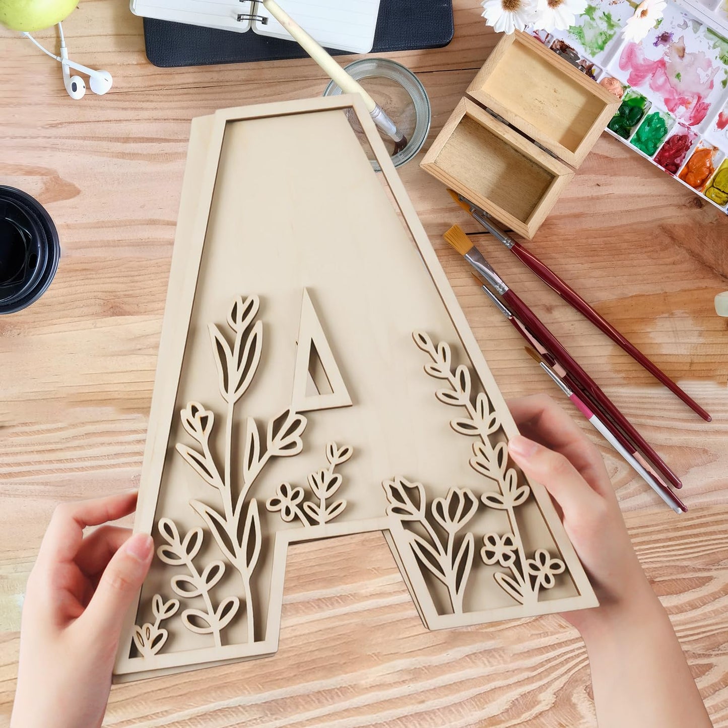 Layered 12 Inch Large Wooden Letters for Wall Decor, Flowered Paintable Wooden Nursery Letters for Crafts Wood Alphabet Letter A for Birthday Boho Nursery Name Sign Wedding Home Decoration