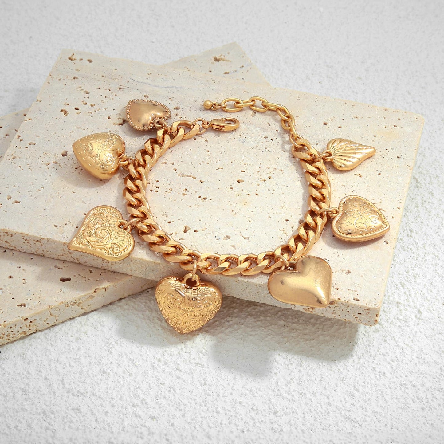ENSKEFEN Vintage Gold Heart Charm Bracelets for Women Chunky Cuban Chain Bracelet with 7 Love Hearts Charm Adjustable Matte Gold Heart Bracelet