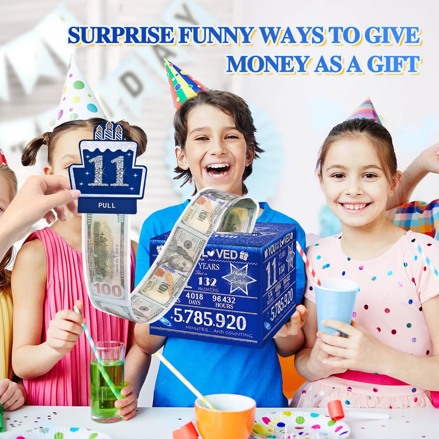 TOYEISHI 11 Happy Birthday Money Box for Cash Gift, 11th Birthday Decorations for Boys and Girls, Gifts for 11 Year Old Boy, Boy Gift Ideas, Cool Things for Teen -Blue with 100PCS Bags
