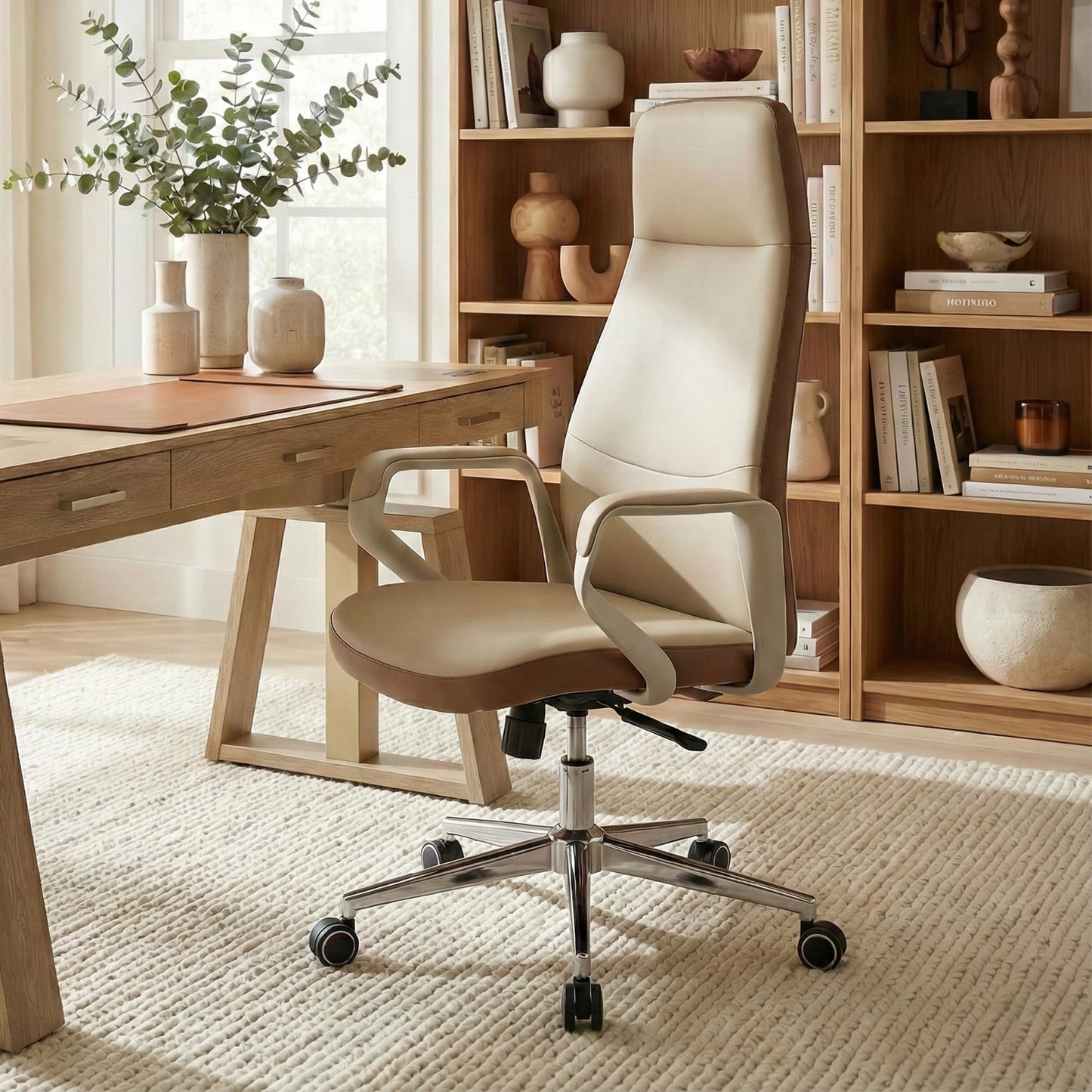 EUREKA ERGONOMIC Clara Executive Office Chair, Modern Leather Desk Chair with Back Support, Aesthetic Home Office Chair with 3-Position Recline Lock, Beige Brown