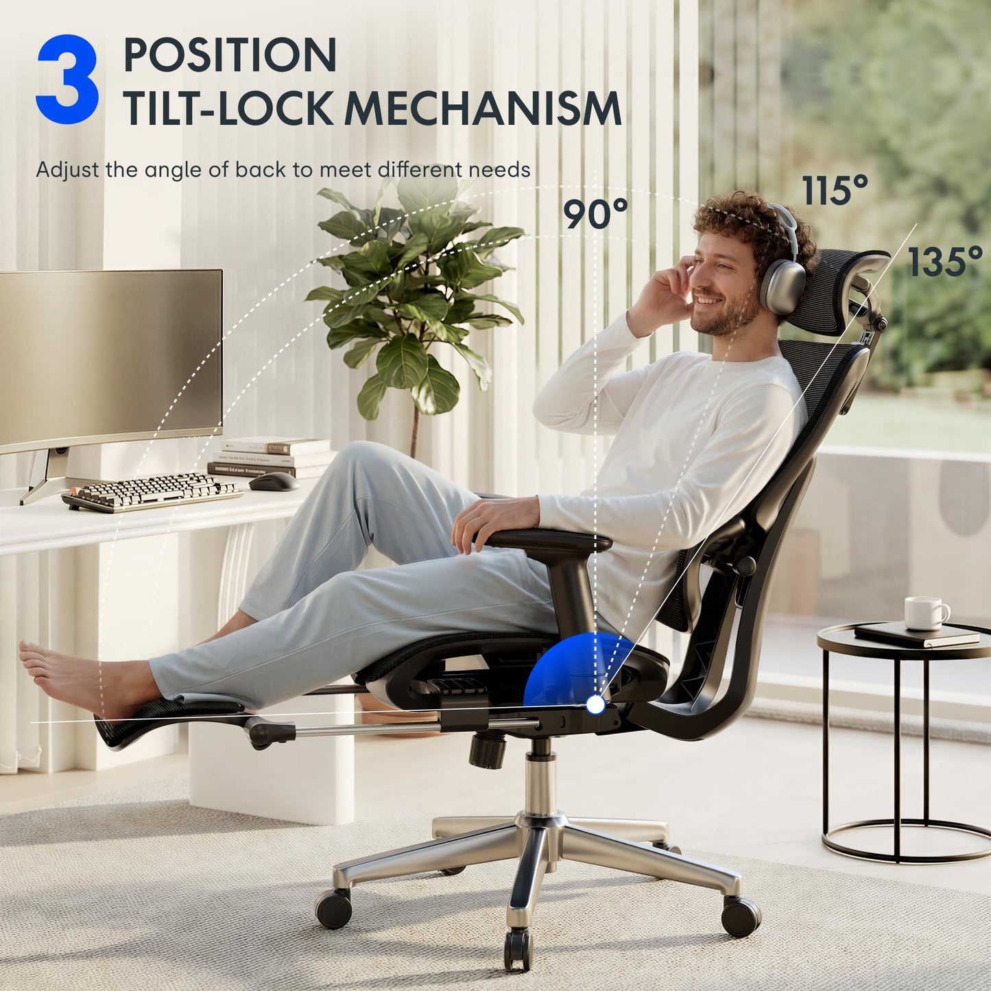 FLEXISPOT ErgoX Premium Ergonomic Office Chair with Footrest- Adjustable 3D Armrests, Dynamic Lumbar Support, Recline & Tilt Function, Mesh Seat, for Home & Office Use,Black