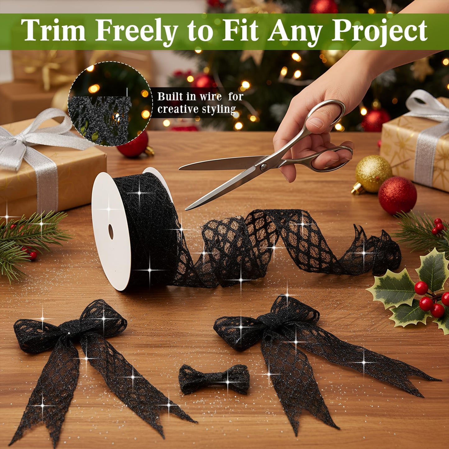 Geosar 20 Yards Black Glitter Mesh Wired Ribbon, Elegant Tulle Ribbon for Luxury Gift Wrapping, Wedding Decor, Graduation Party, Flower Bouquet & DIY Craft Supplies (2.5 Inch)