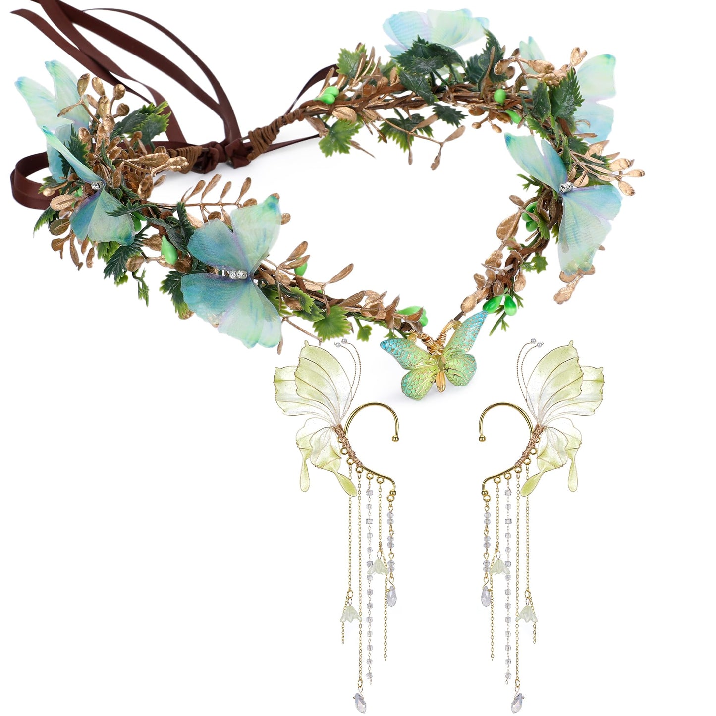 MOSTORY Butterfly Fairy Accessories Set - Green Flower Elf Crown Elf Ear Cuffs Kit for Woodland Renaissance Costume Women Forest Fantasy Fairycore Cosplay