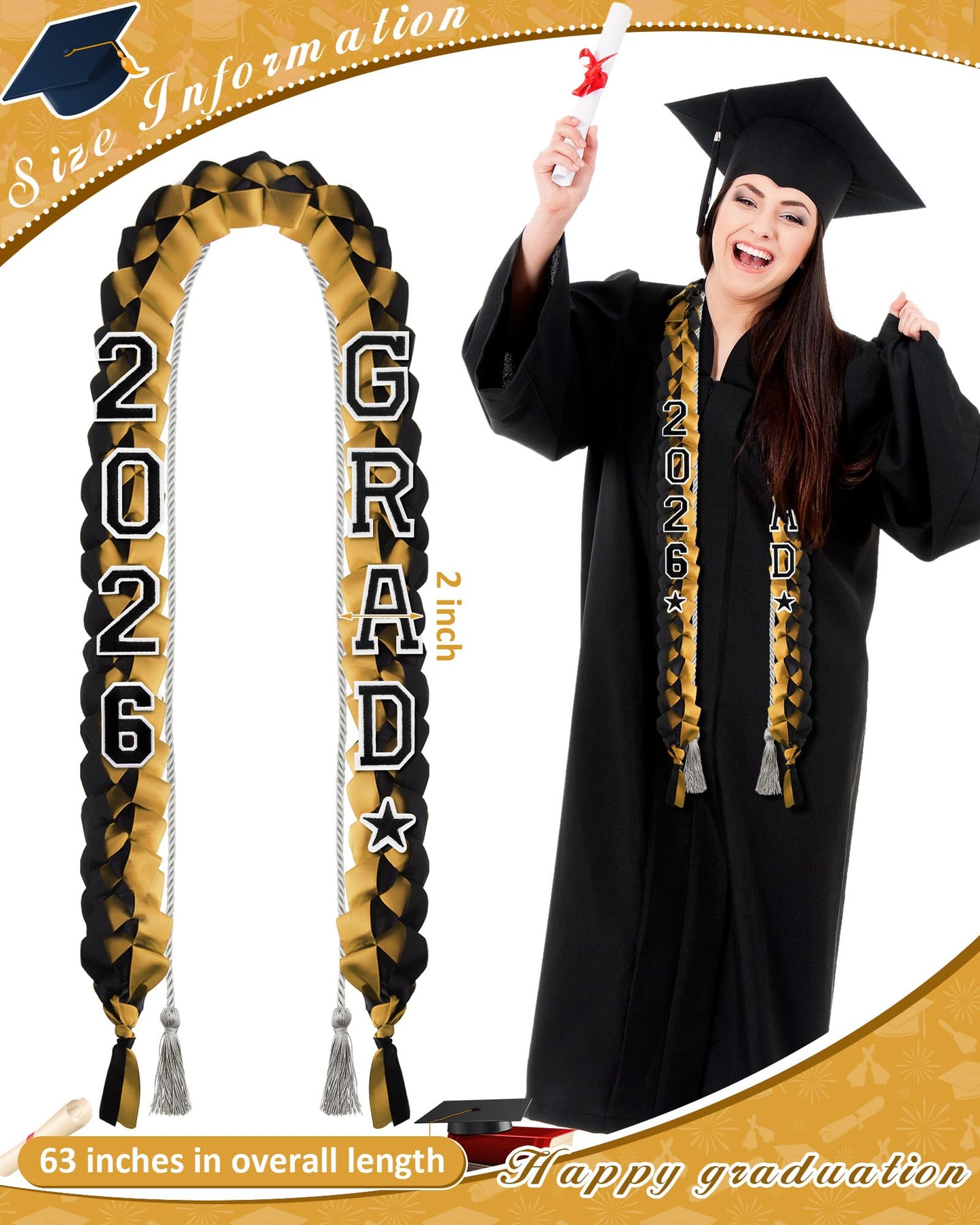 Cindeer 2026 Graduation Ribbon Lei Set Handmade Braided Necklace Honor Cord with Tassel 2026 Grad Embroidery Patches for High School College Graduation Party Supplies(Black, Gold)