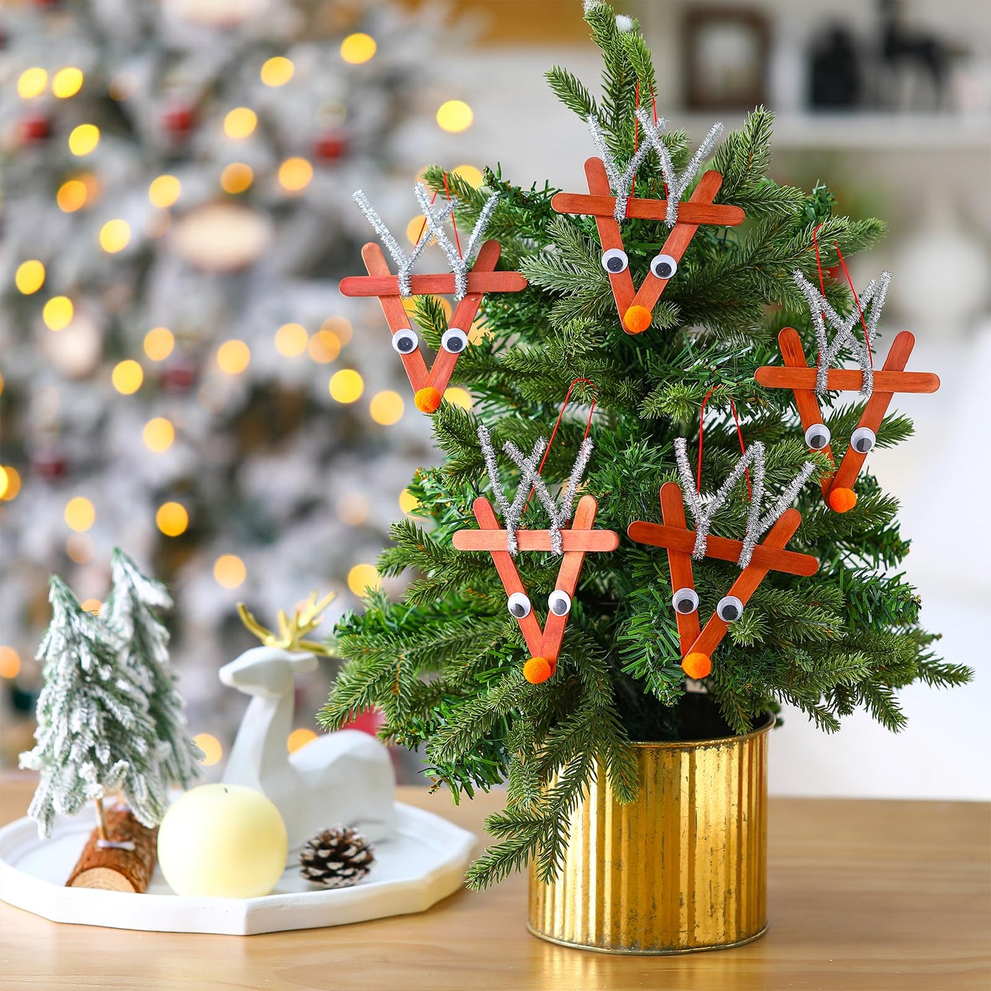 Soulchen 48 Sets Christmas Reindeer Ornaments Crafts Kits DIY Craft Sticks for Kids Make Your Own Reindeer Christmas Hanging Tree Wooden Ornaments Art for Holiday Activities Xmas Decoration