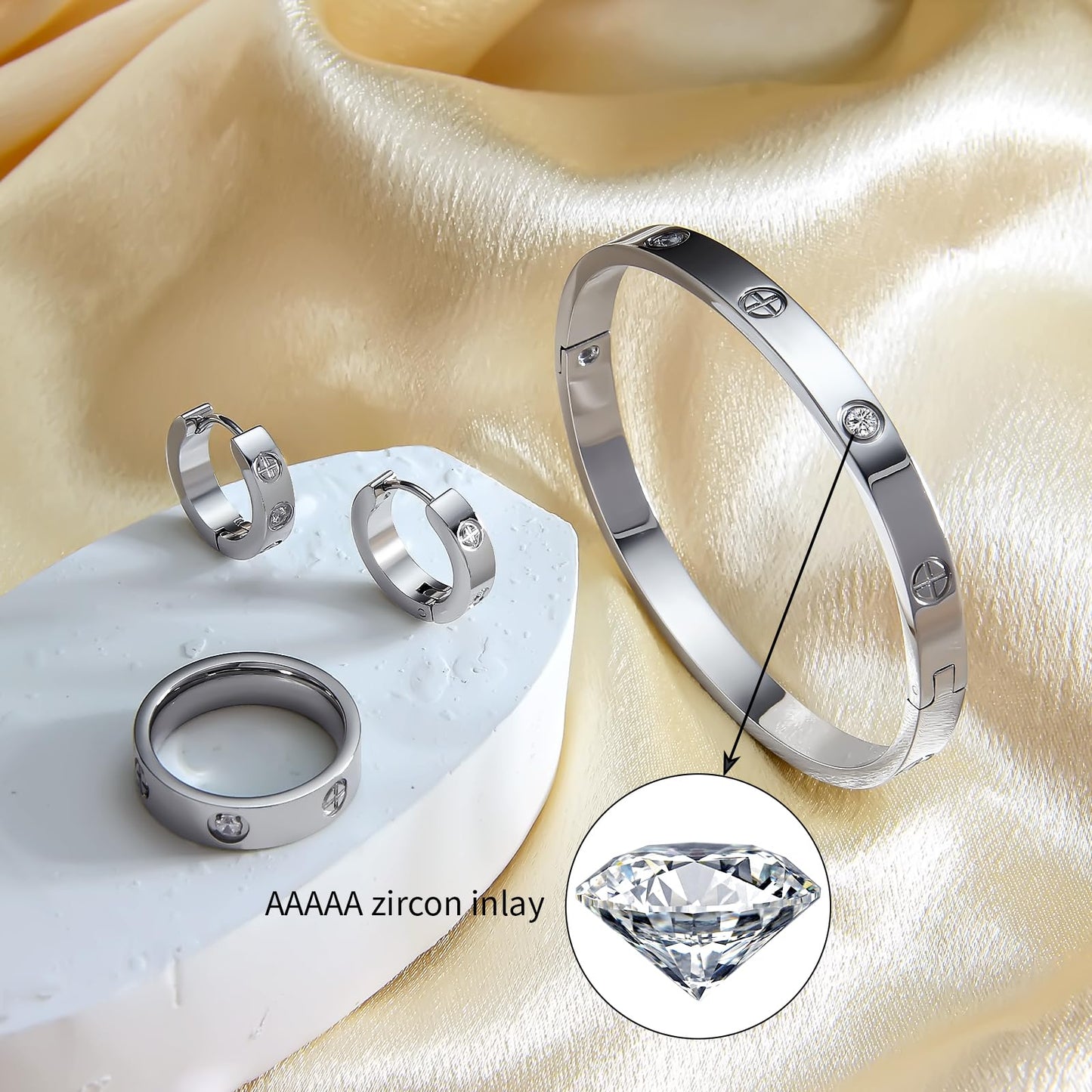 3 Pcs Hoop Earrings Bracelets Ring Sets for Women-18K Gold Plated Love Bracelet Cubic Zirconia Cuff Bangle Hoop Earrings Friendship Love Ring Jewelry Set,Wedding Party Christmas Valentine's Day Birthday Gifts for Her Girlfriend Sister Daughter