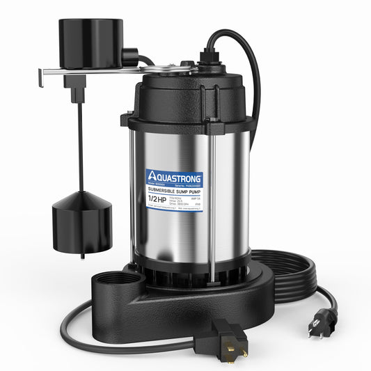 AQUASTRONG 1/2 HP Sump Pump Submersible, 3830 GPH Stainless Steel and Cast Iron Basement Water Pump, Automatic Integrated Vertical Float Switch with Piggy-back Plug,1-1/2" NPT Discharge Subpumps