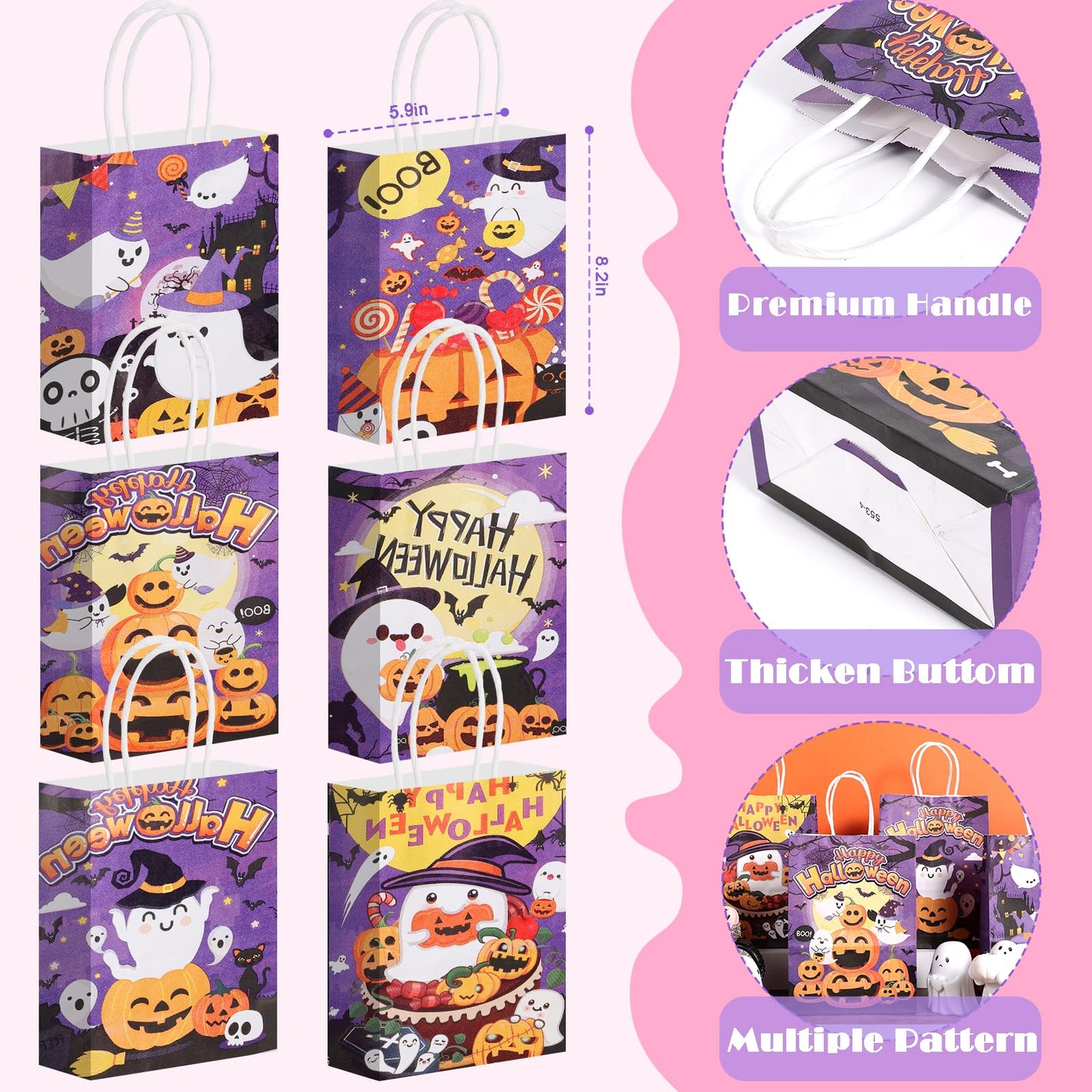 24Pcs Purple Halloween Paper Gift Bags and 24 Sheets Tissue Paper, Halloween Party Bags with Handle Candy Goodie Bags for Trick & Treat Party Supplies