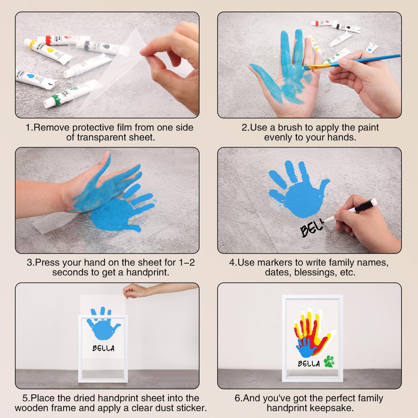Omrhvi Family Handprint Kit, Hand Prints Keepsake Frame, DIY Craft Gift for New Parents & Mom & Baby, Grandparents, Mother's Day, Father's Day, Adoption Day, Anniversary, 6 Non -Toxic Paints (White)