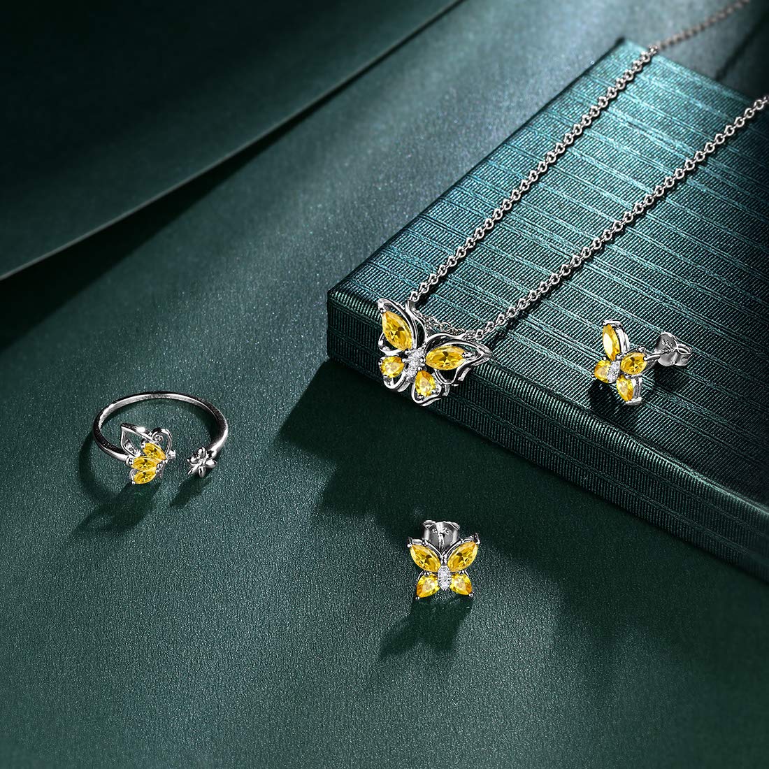 Hipunk Butterfly Yellow Jewelry Sets Birthstone Women 925 Sterling Silver November-Citrine Birth Stone Animal Butterflies Jewelry Sets/Earring/Ring Set Crystal Birthday Jewelry SS0002N