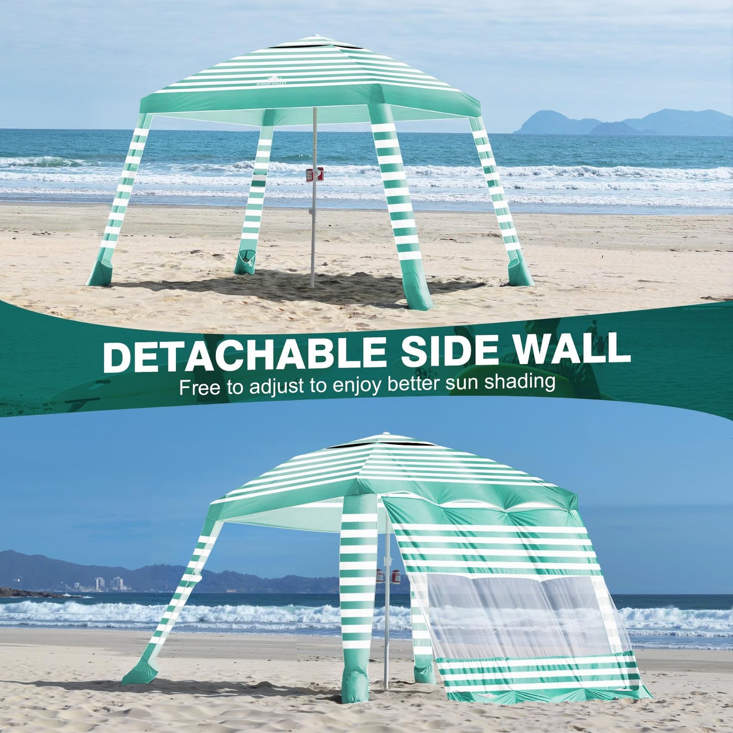 Rhino Valley Beach Cabana, 8 * 8FT Beach Tent UPF50+ Protection, Easy Setup Beach Canopy Wind Resistant with Cup Holder, Compact Beach Shade Foldable Beach Tent Sun Shelter, Green White