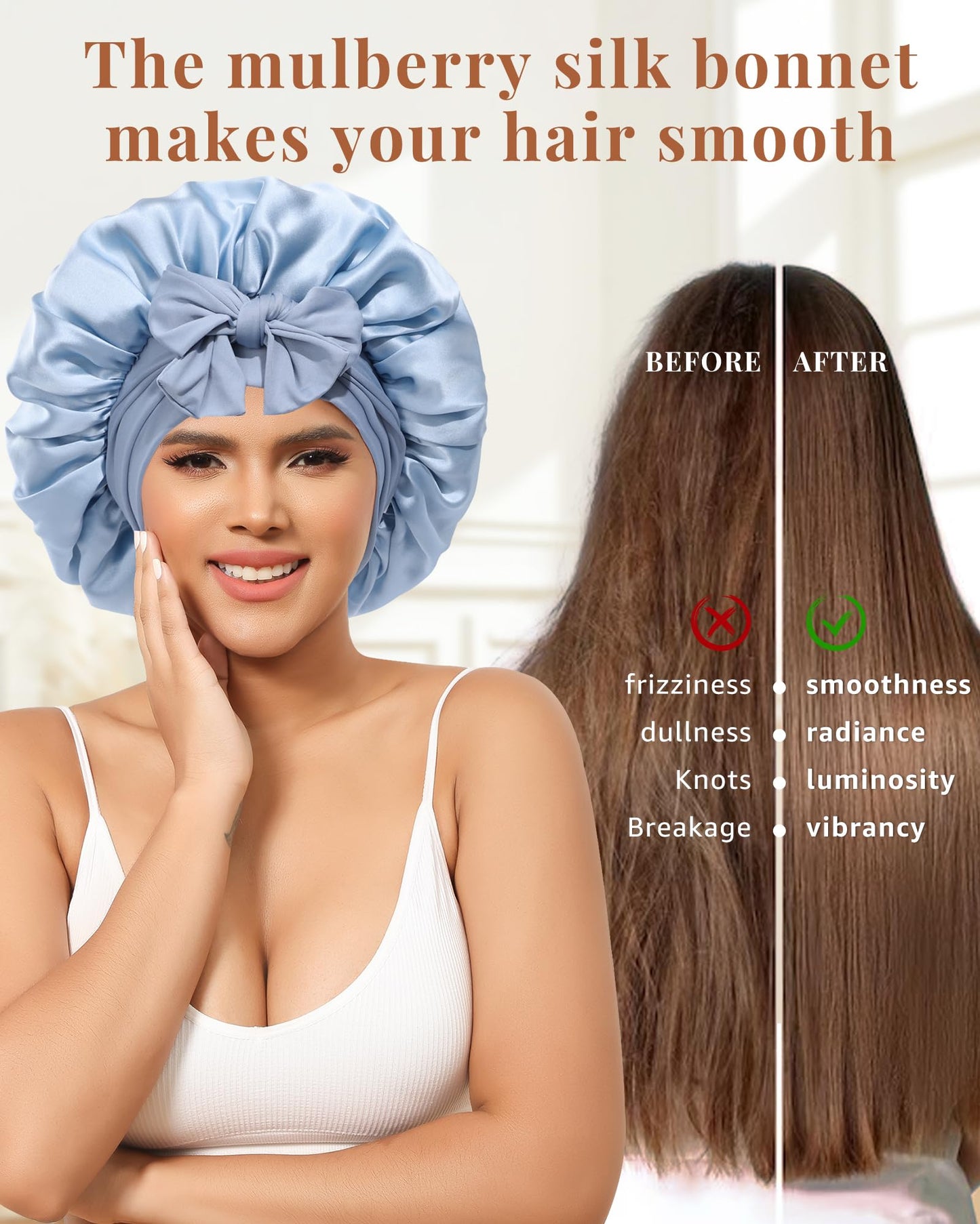 AWAYTR Silk Bonnet for Sleeping Women 100% Mulberry Silk Bonnet with Band 2 Layer Reversible Hair Bonnet Sleeping Hair Wrap (Silk, Haze blue/Sky blue)