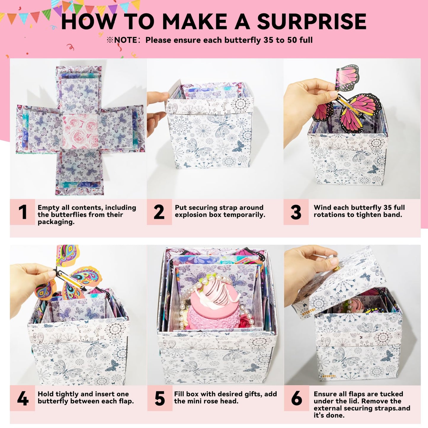 Explosion Mother’s Day Gift Box, Flying Butterfly Surprise Gifts Box, DIY White Included Butterfly Kit and Faux Rose Head for Birthday, Mothers Day Gifts & Fathers Day Gift, Weddings, Anniversaries