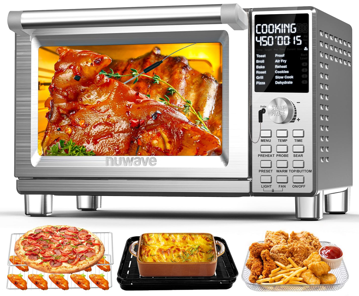 Nuwave Bravo Pro Smart Toaster Oven Countertop, True Air Fryer Combo w/Improved 100% Convection, 35% Crispier, 112 Presets, Customizable Pizza Zones, Integrated Probe, PFAS Free, 30QT, Stainless Steel