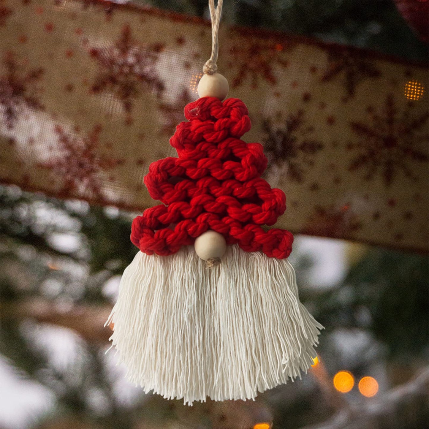 6 Pieces Macrame Christmas Gnome Ornaments, Boho Christmas Decorations Woven Gnome Xmas Ornaments Set for Christmas Tree Hanging for Xmas Party Living Room Dorm Nursery Room Craft Gifts (Red)