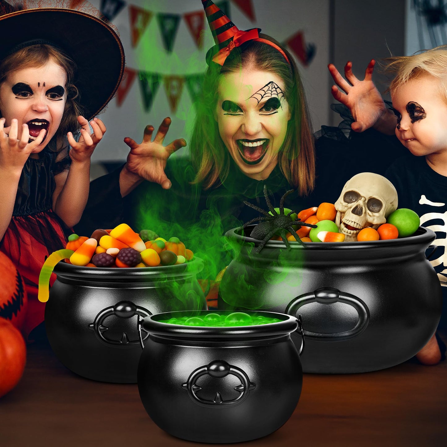 3PCS Cauldron Halloween Decor, 12.6" and 7.68" Halloween Bucket Witch Cauldron, Plastic Black Candy Holder Pot Spooky Punch Bowl for Halloween Decorations Trick or Treat St Patrick's Day Party Favors