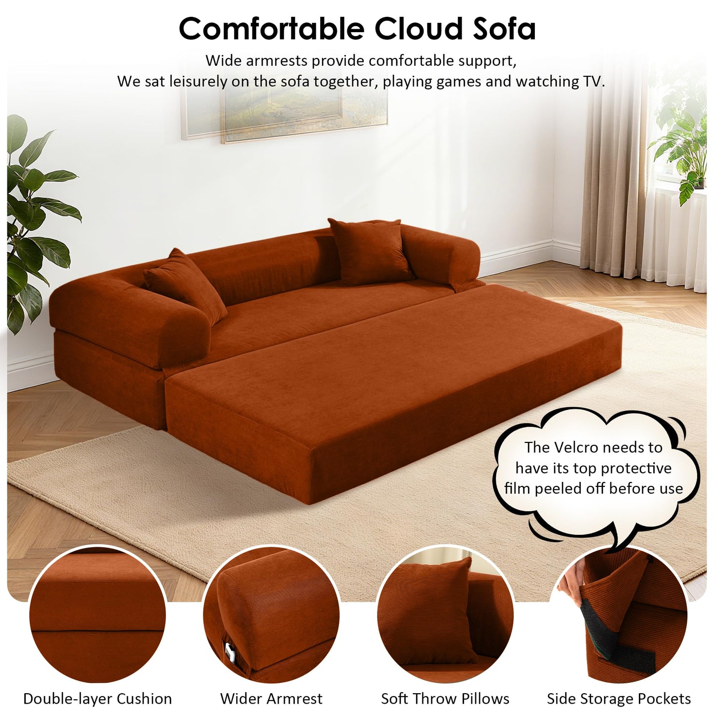 80" Convertible Sofa Bed, 3-in-1 Corduroy Folding Pull Out Couch with Pillows, No Assembly Modern Boneless Couch Compression Sofa in Box, Floor Sofa with Side Storage Pocket for Living Room, Orange