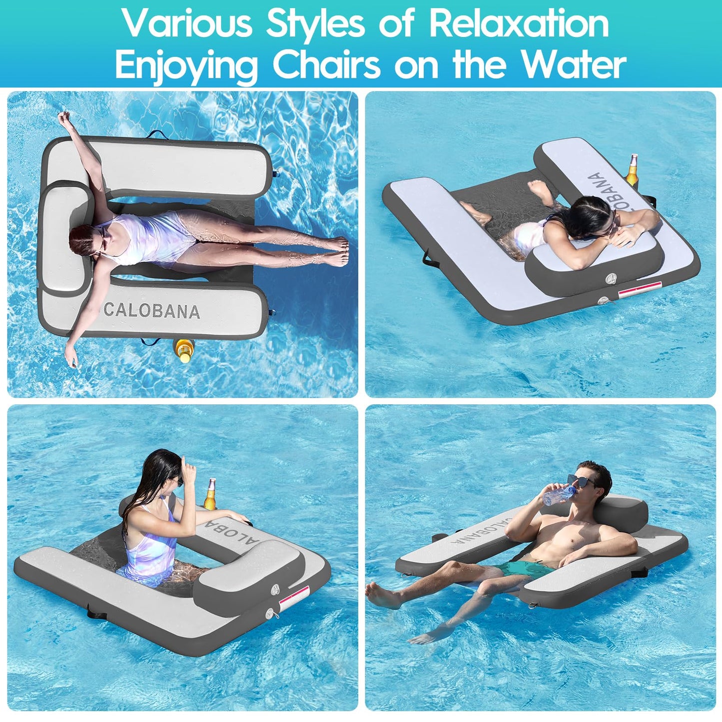 CALOBANA Inflatable Floating Chair, Tanning Pool Lounger Chair Floats for Adult Summer Beach Lake Swimming Pool Party, Grey