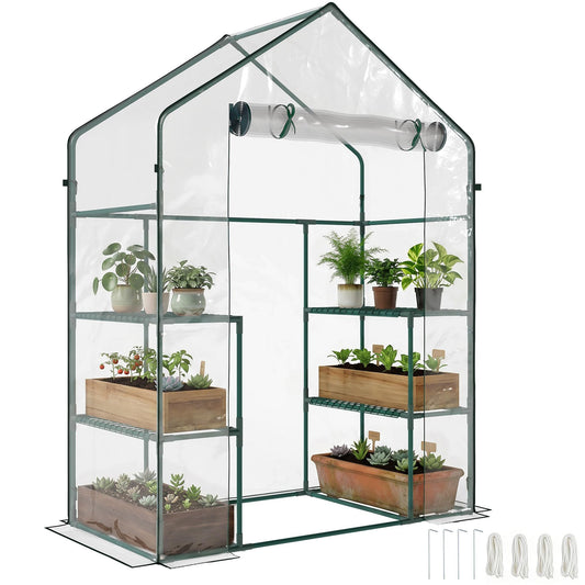 Outsunny 5' x 2.5' x 6.5' Mini Walk-in Greenhouse Kit, Portable Green House with 3 Tier Shelves, Roll-Up Door, and Weatherized Plastic Cover for Backyard Garden, Clear