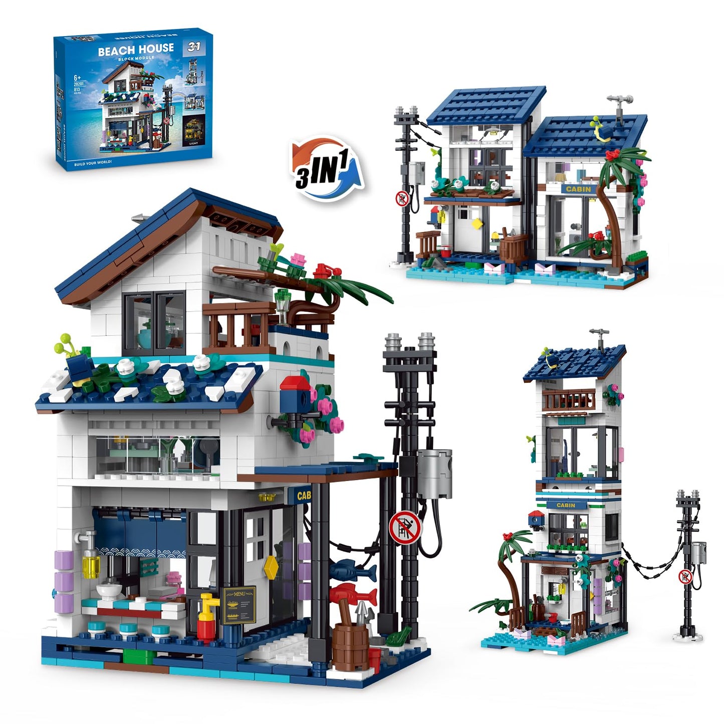 3 in 1 Beach House Building Set, Compatible with Lego Friends Seaside Villa, Construction Educational Toy with Light, Birthday Gift for Kids Girls Aged 8-12 (813 PCS)
