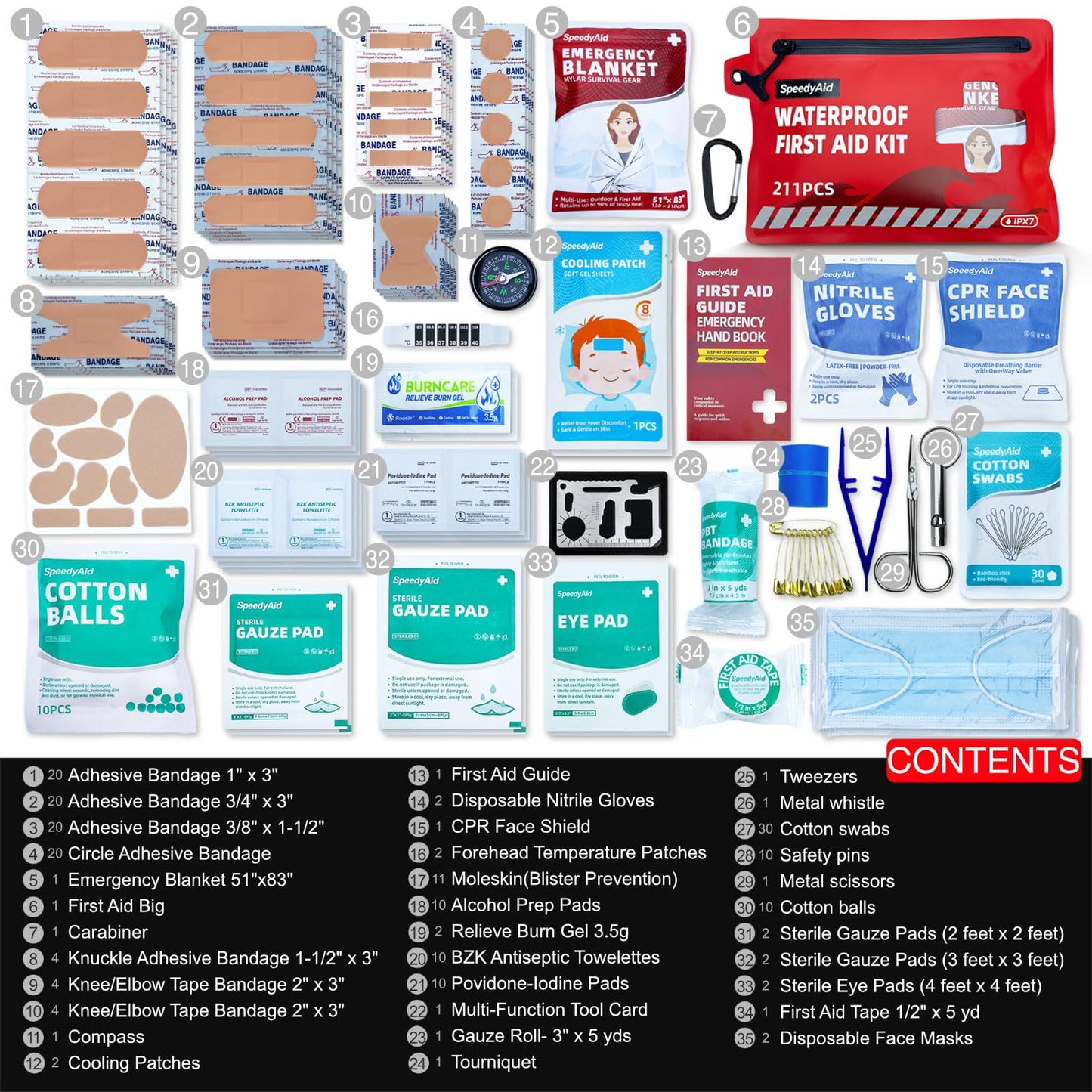 211 PCS Waterproof First Aid Kit, IPX7 Rated Dry Bag with Airtight Zipper, Portable Emergency Medical Supplies for Hiking, Boating, Swimming, Camping & Outdoor Activities
