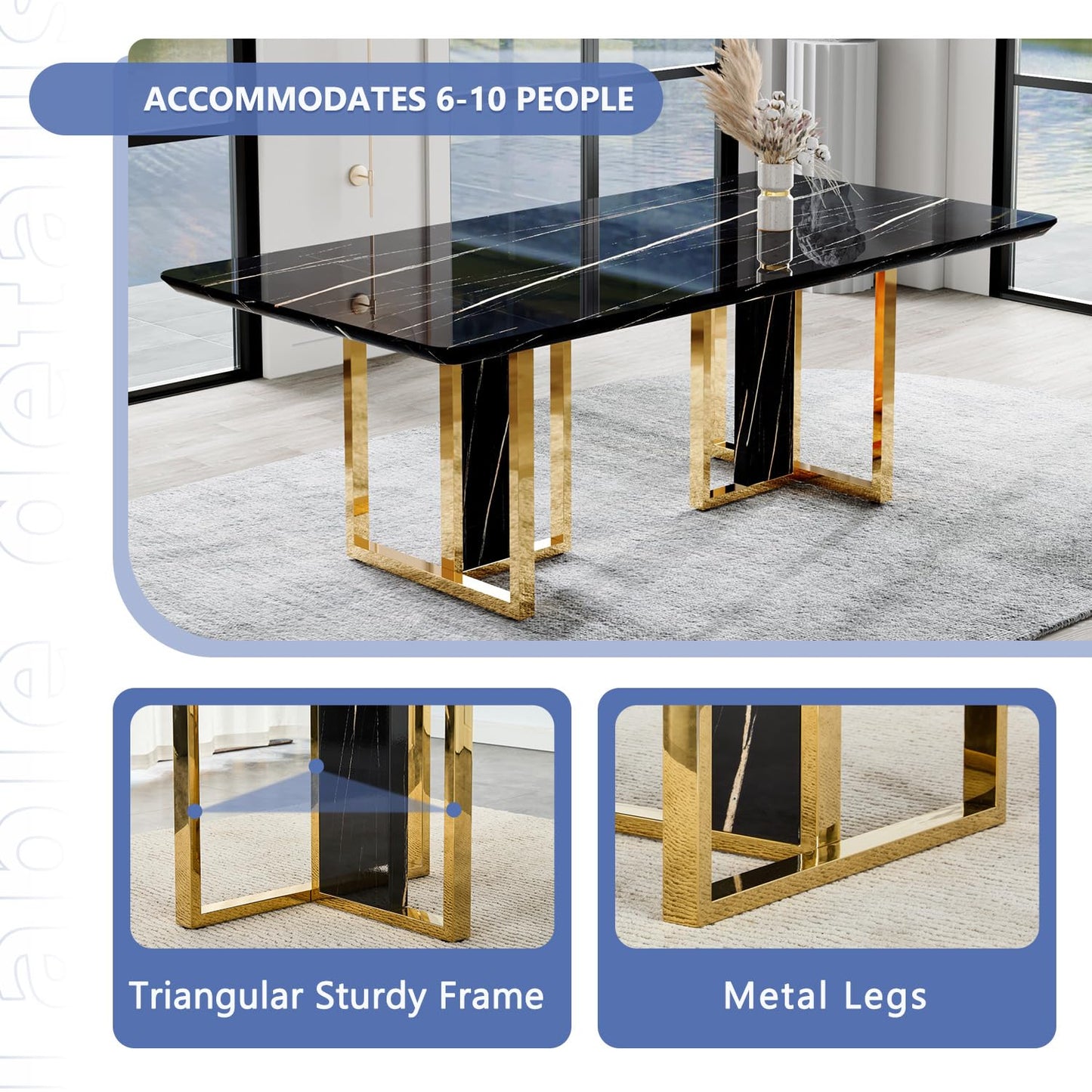 JUFU Dining Table Set for 10, 79'' Dining Table for 8-10 People with Faux Marble Tabletop and Sturdy Leg, White Rectangle Dining Room Table Set for 10 with Black PU Chairs, Perfect for Dining Room