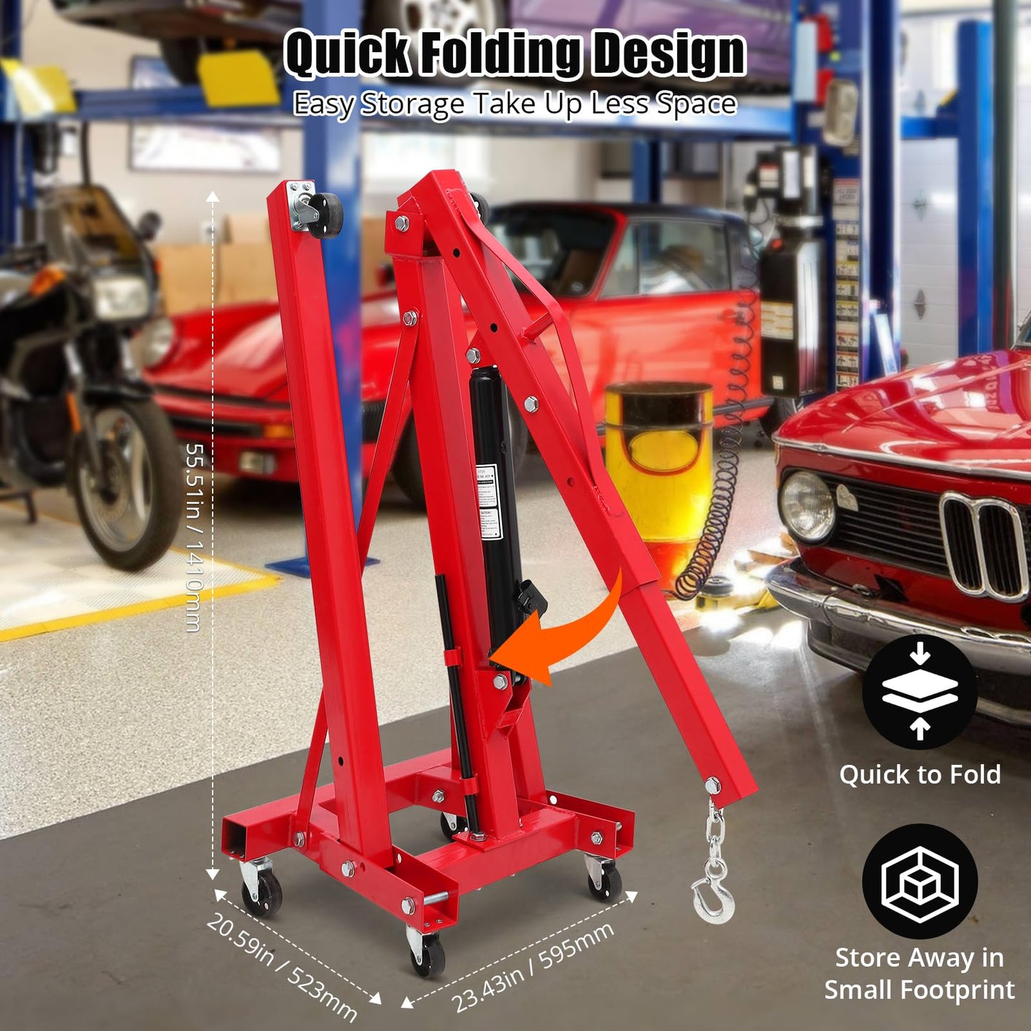 Towallmark Engine Hoist 2 Ton, Folding Cherry Picker Engine Hoist with Lever and 6 Casters, Heavy Duty Hydraulic Shop Crane, Engine Crane Lifter for Garage Workshop