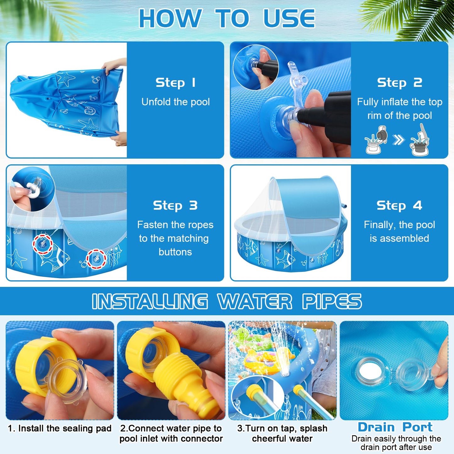 Upgraded Baby Pool with Canopy Sprinkler, 47in Foldable Kiddie Pool with Pop Up Mosquito Net, Baby Beach Tent with Sun Shade Canopy, Portable Toddler Kids Small Pool for Backyard Beach Outdoor