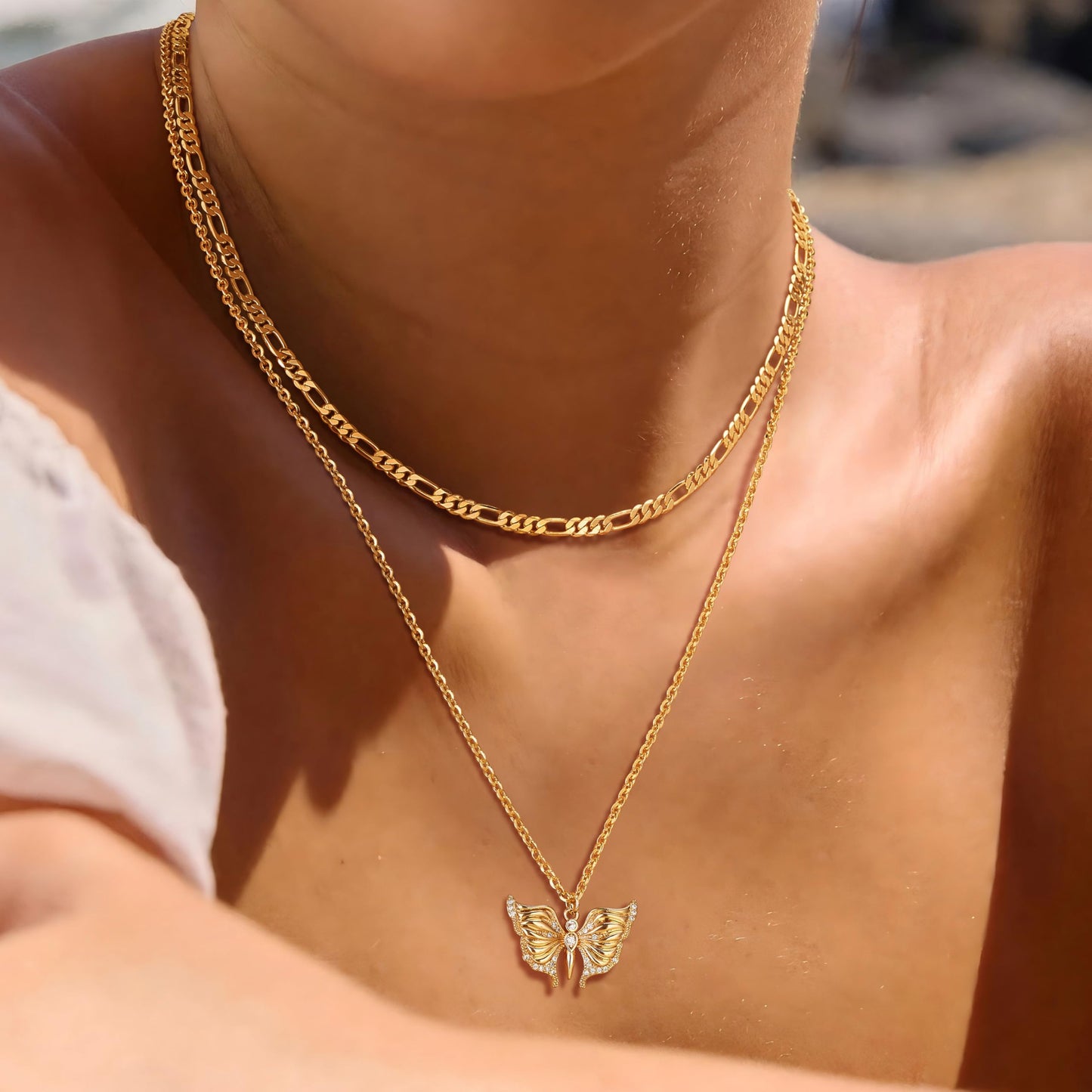 MEVECCO Gold Butterfly Layered Necklace for Women 18K Gold Plated Dainty CZ Charm Figaro Choker Chain Double Layer Pendant Necklace Stack Minimalist Handmade Layering Jewelry Set Gift
