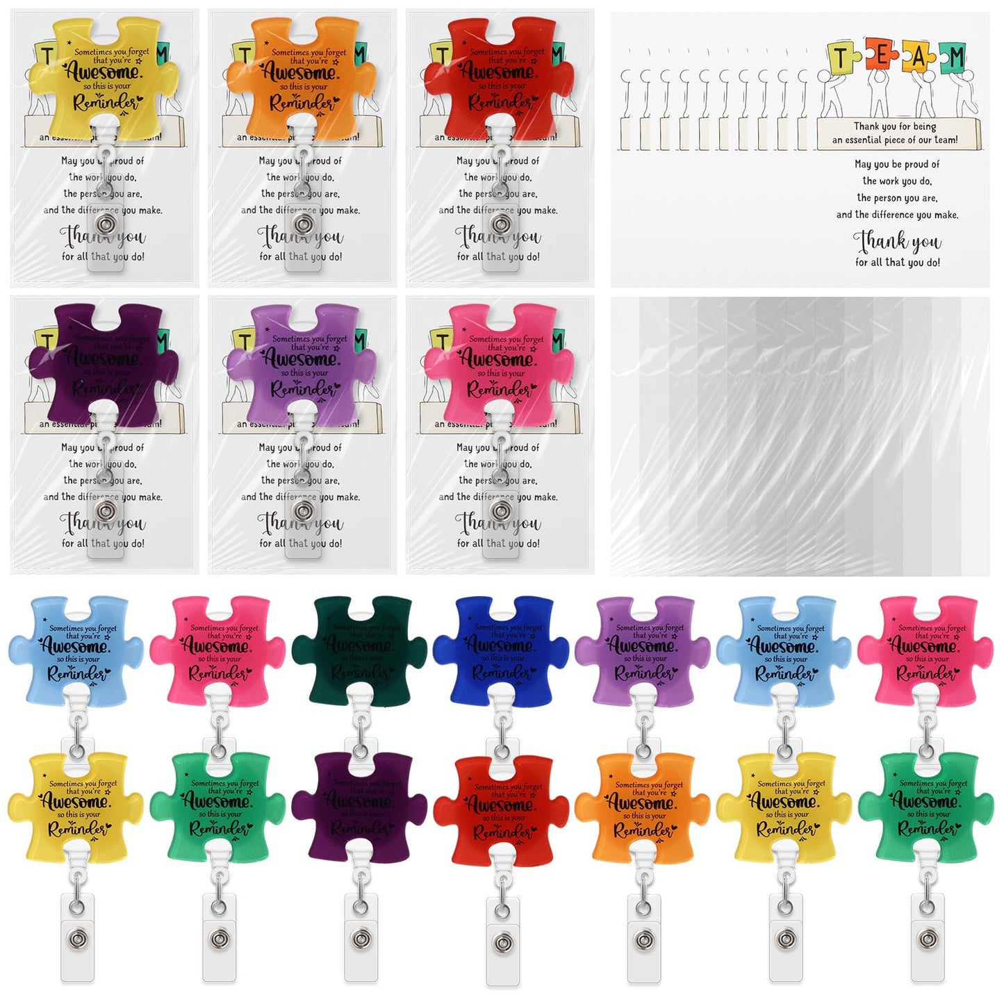 ReliThick 18 Set Employee Appreciation Gifts Bulk, Puzzle Badge Reel Set with Thank You Cards, Retractable ID Badge Holder for Nurse Teacher Staff Team Office Hospital School (Awesome Remider)