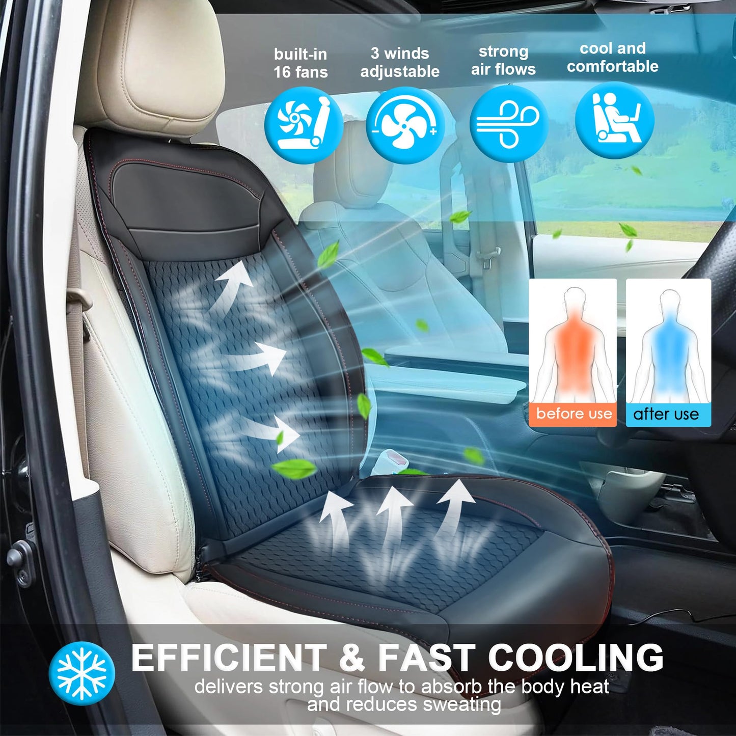 Cooling Car Seat Cushion Front Seat Warm Cooling Car Seat Cover with Massage 16 Fans 12V Car Seat Cooler Car Seat Cooling Pad Ventilated Summer Winter Seat Cover for Car SUV (Black, 3-in-1)