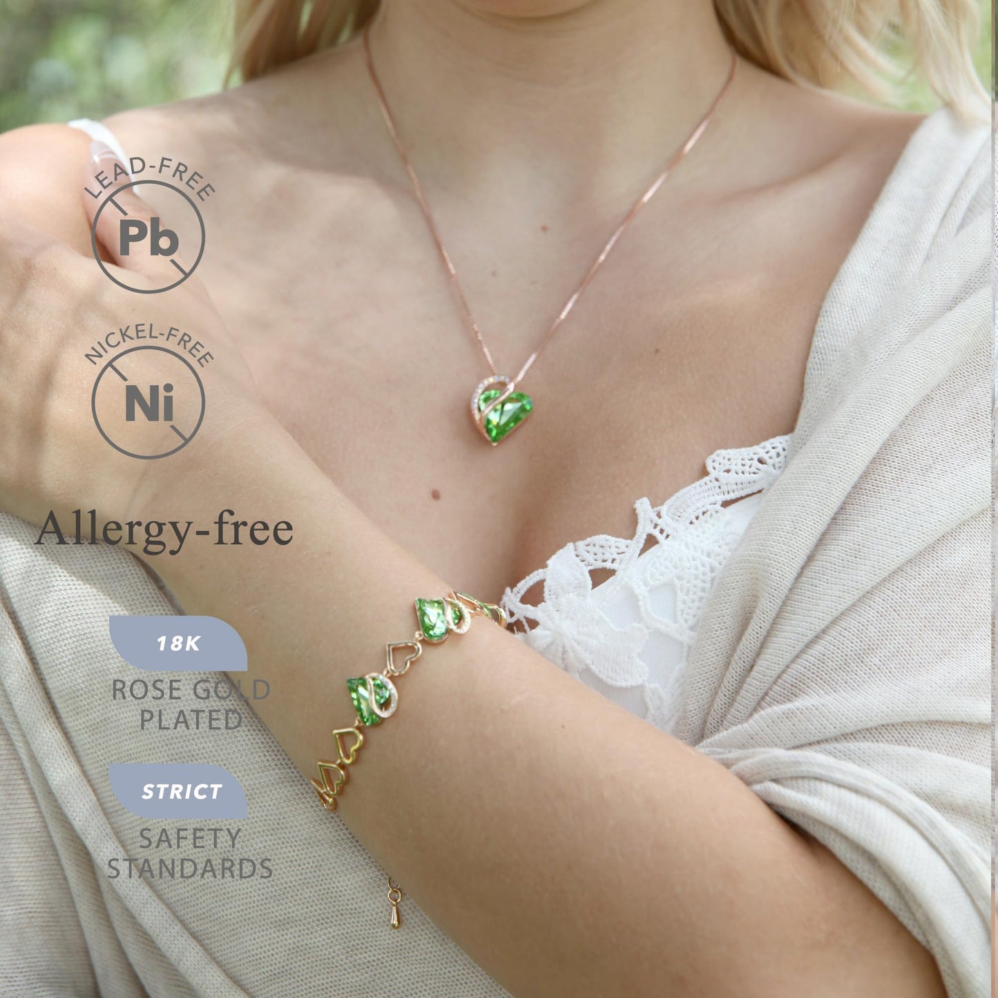 Leafael Gifts for Women Rose Gold Plated Necklaces: Heart Fern Green Crystal, August Birthstone, Hypoallergenic Chain (18"+2"), Birthday Jewelry for Mom, Wife, and Girlfriend