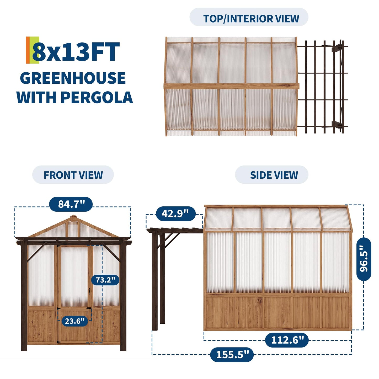 8x13FT Wooden Greenhouse with Pergola – Cedar Frame, Roof Vent & Polycarbonate Walk-in Greenhouse for Outdoor
