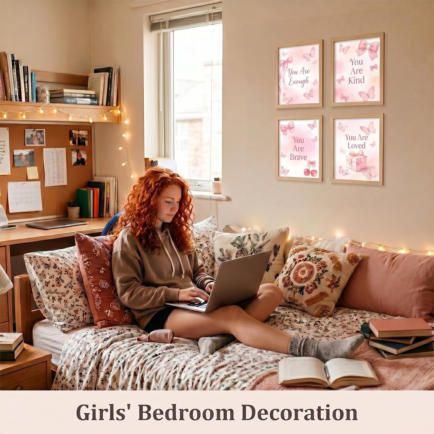 SJUDHHG Dorm Room Decor for Girls, Pink Bow & Cherry Posters, Aesthetic Prints, Ideal Birthday Graduation Gift for Girls, Cute Wall Art for College Apartment Bedroom Living Room Dorm, 8 x 10 inch Set of 4 (Unframed)