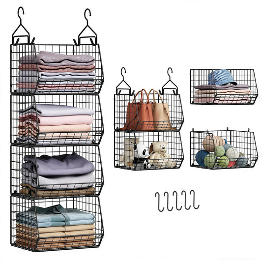 4 Tier Closet Hanging Organizer, Closet Organizers and Storage with 5 S Hooks, Closet Hanging Shelves & Freestanding Wire Storage Basket Bins, for Clothing Shoes Handbags Clutches Accessories Patent