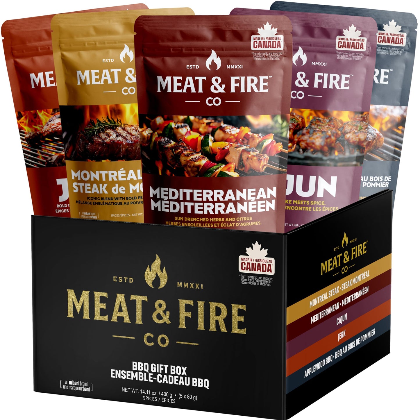 BBQ Rubs & Seasonings Gift Set for Men – 5 Gourmet Grilling & Smoking Spices in Gold Foil Gift Box, Meat & Fire Co., BBQ Accessories Gift for Dad, Grill & Smoker Lovers