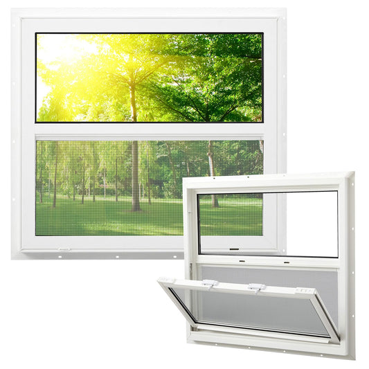Pushglossy 30" x 27" Mobile Home Window Insulated Vinyl Low E Mobile Home Windows Replacement, Lower Tilt Sash Screen Included, Clear Double Pane Glass, Single Hung for House Basement Parts, White
