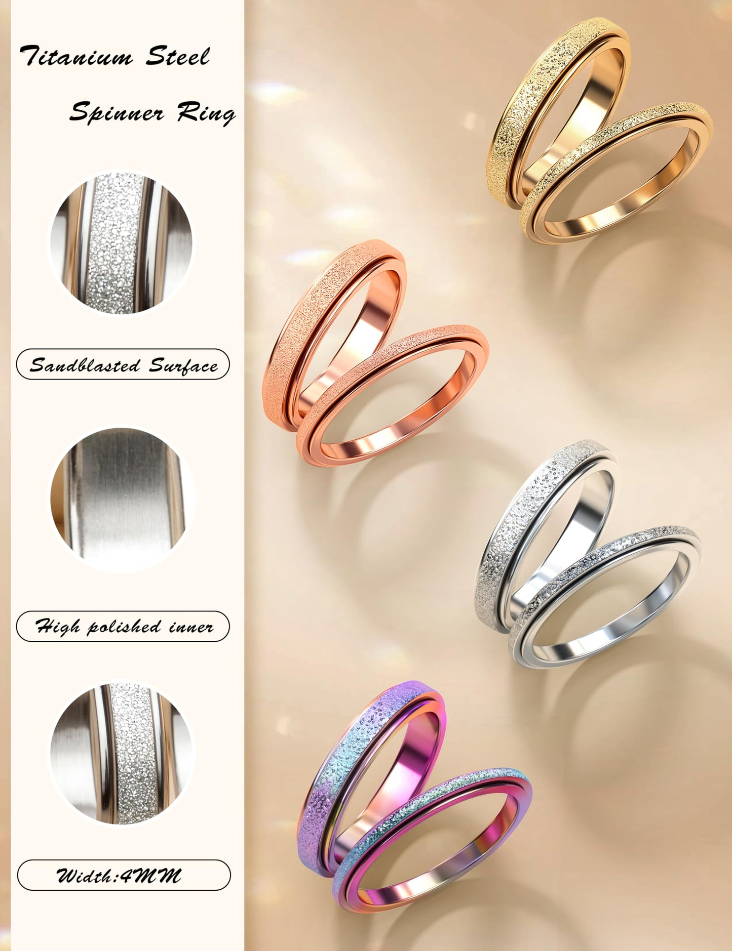 Diamday Fidget Rings for Women Men - 4mm Silver Spinner Stainless Steel Ring for Anxiety Stress Relief Glitter Sandblast Spinning Figit Anxiety Jewelry for Wedding Promise Size 8