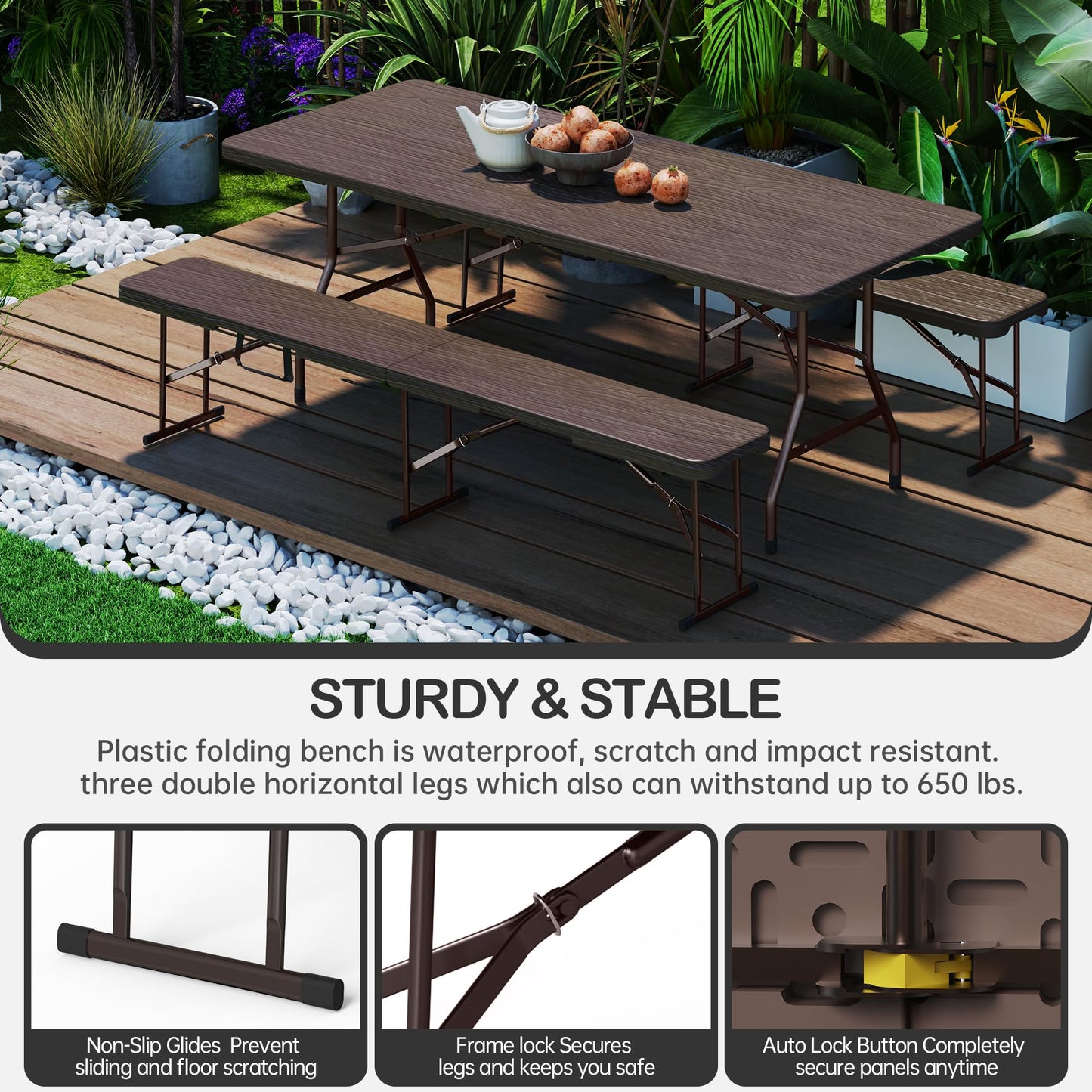 VSOAEIL 6 Foot Folding Bench, Portable Plastic Folding Bench Seat, Foldable Seat for Indoor Outdoor Picnic Camping Dining, Soccer Garden Multipurpose Entertaining Activities, Brown, 1 Pack