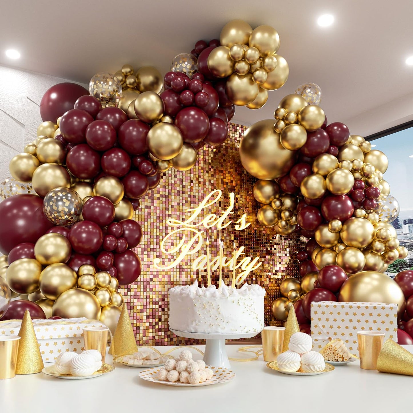 Burgundy Balloon Arch Garland Kit with Burgundy Maroon Gold Confetti Balloons for Birthday Graduation Bridal Shower Party Decorations